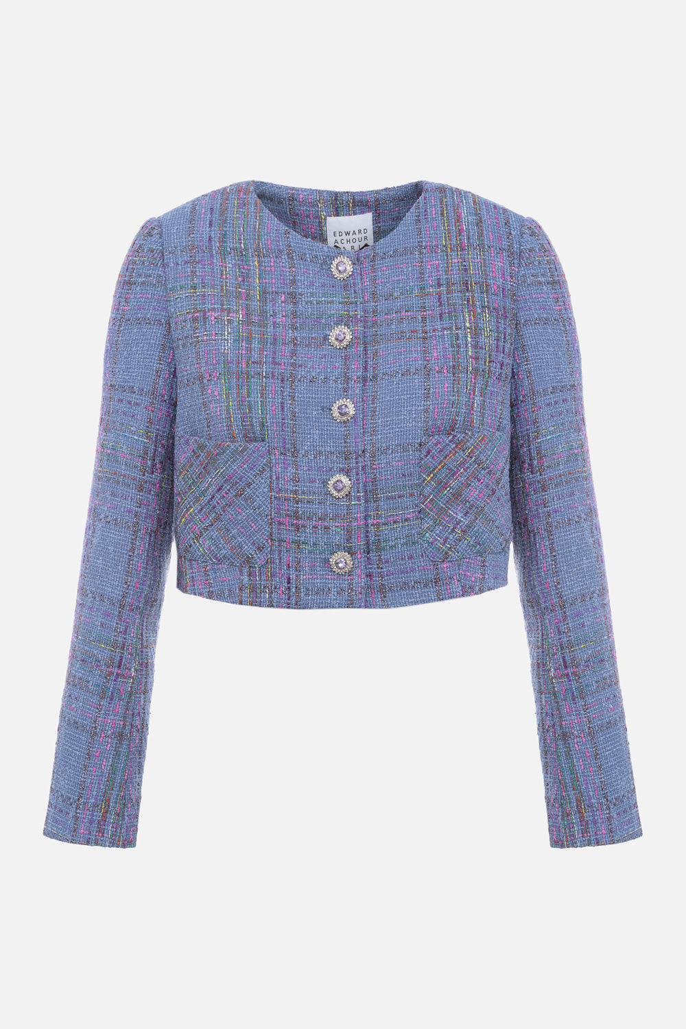 Short collarless tweed jacket