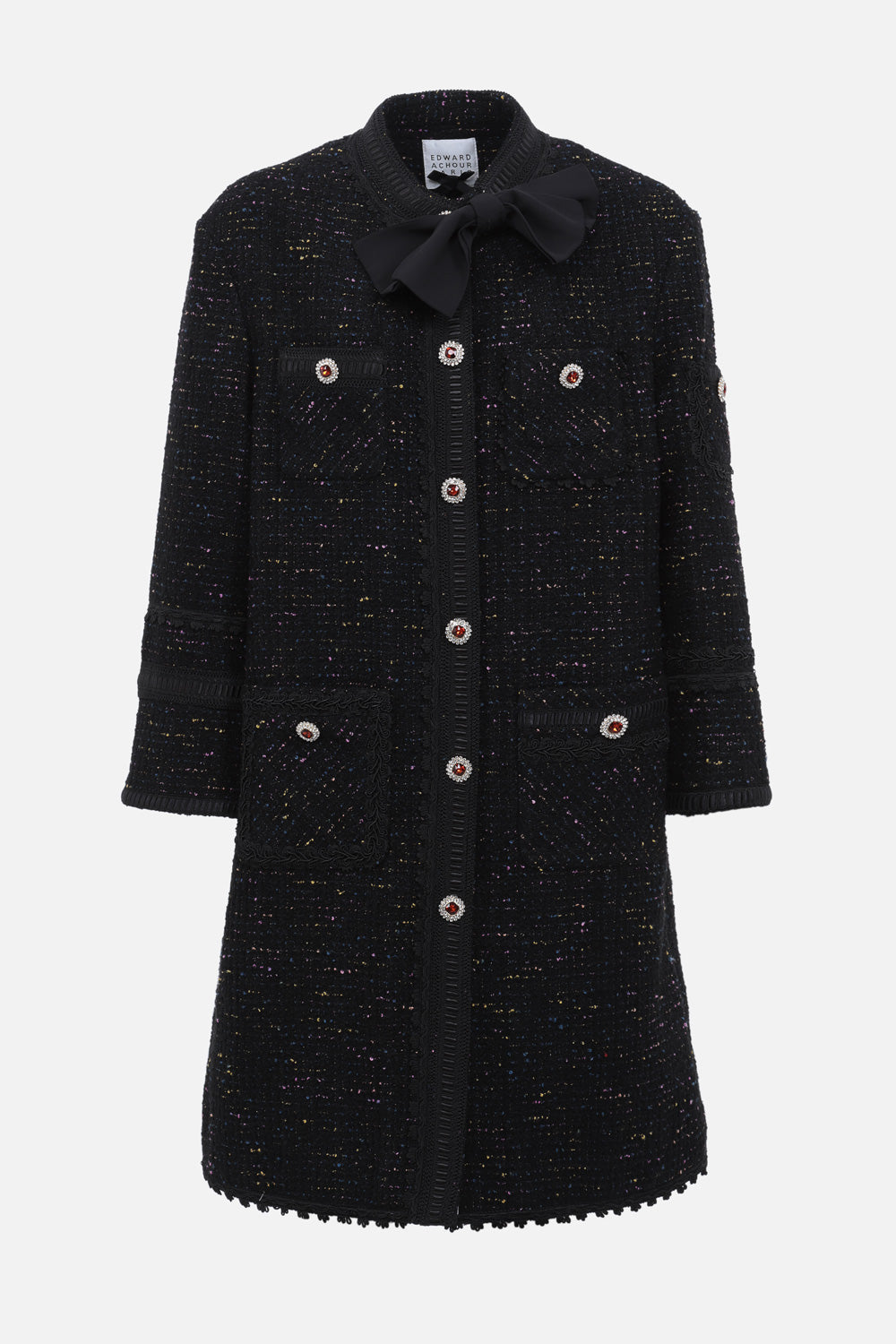 Manteau noir en tweed col noué