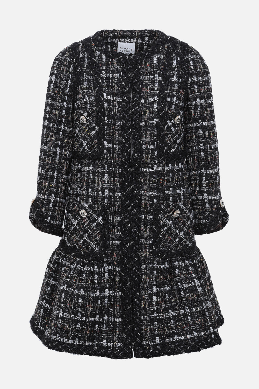 Black gray white tweed mid-length jacket