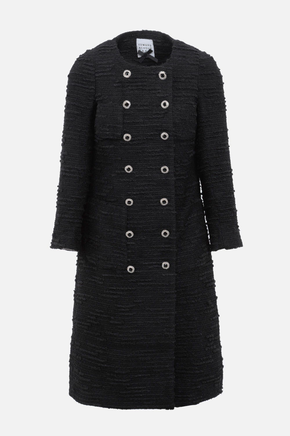 Veste longue tweed noir boutons bijoux