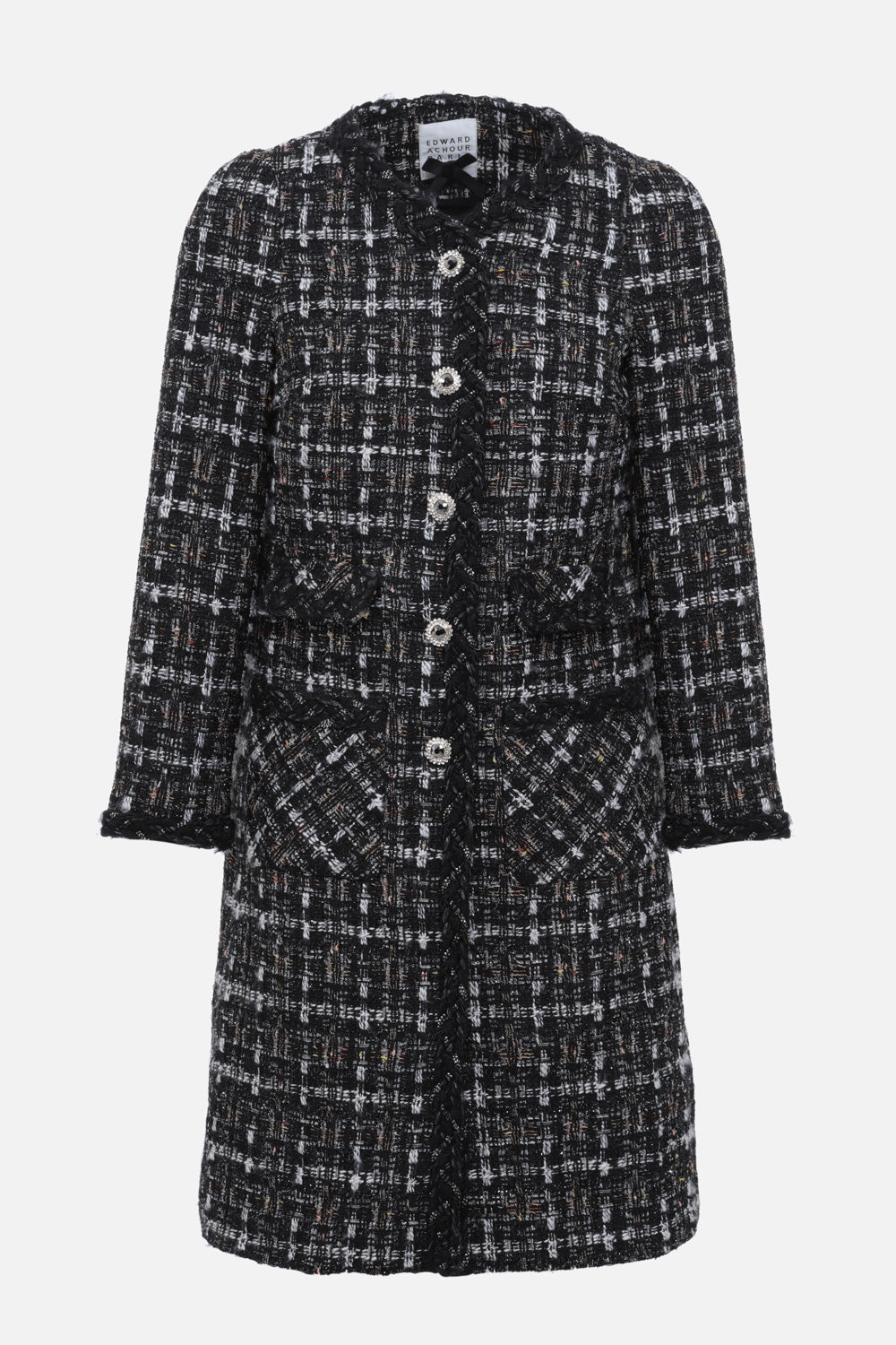 Black gray white tweed mid-length jacket