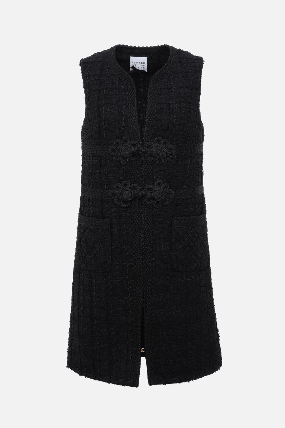Veste mi longue en tweed noir sans manche