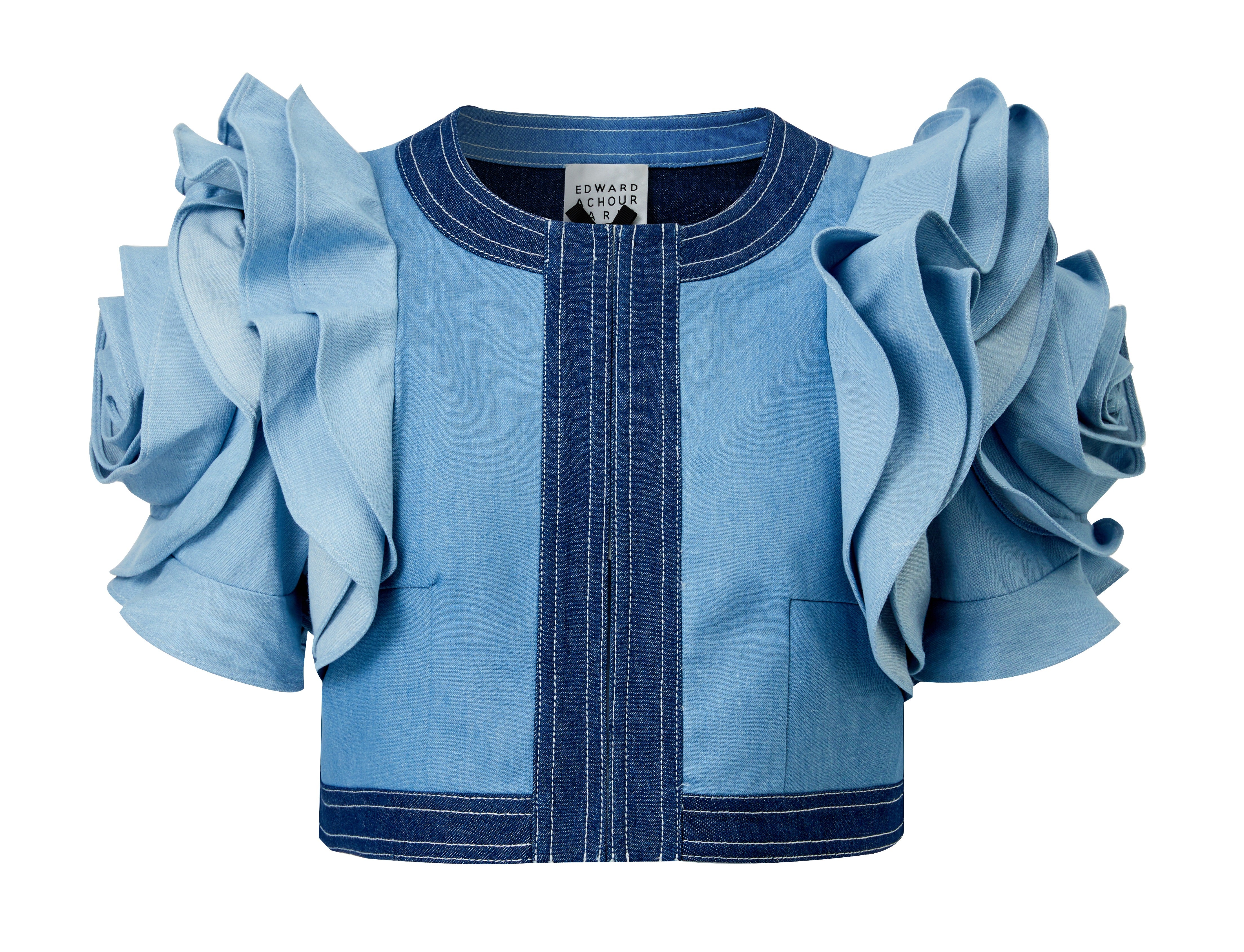 Multi tone soft denim short jacket with puffy flowers sleeves (080102/826)