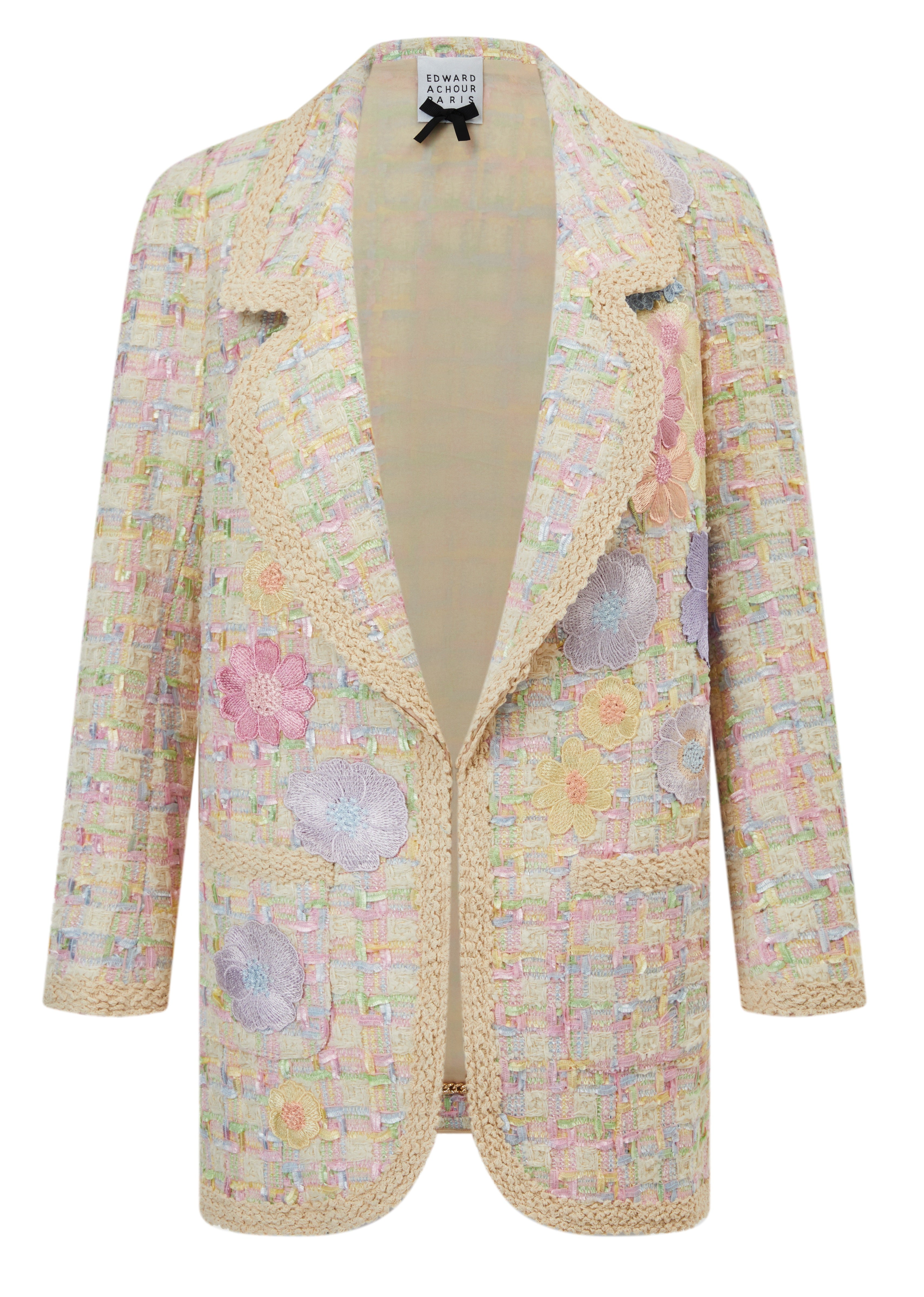 Pastels and macarons tones textured boxy blazer , with flowers embroidery (080107/816)