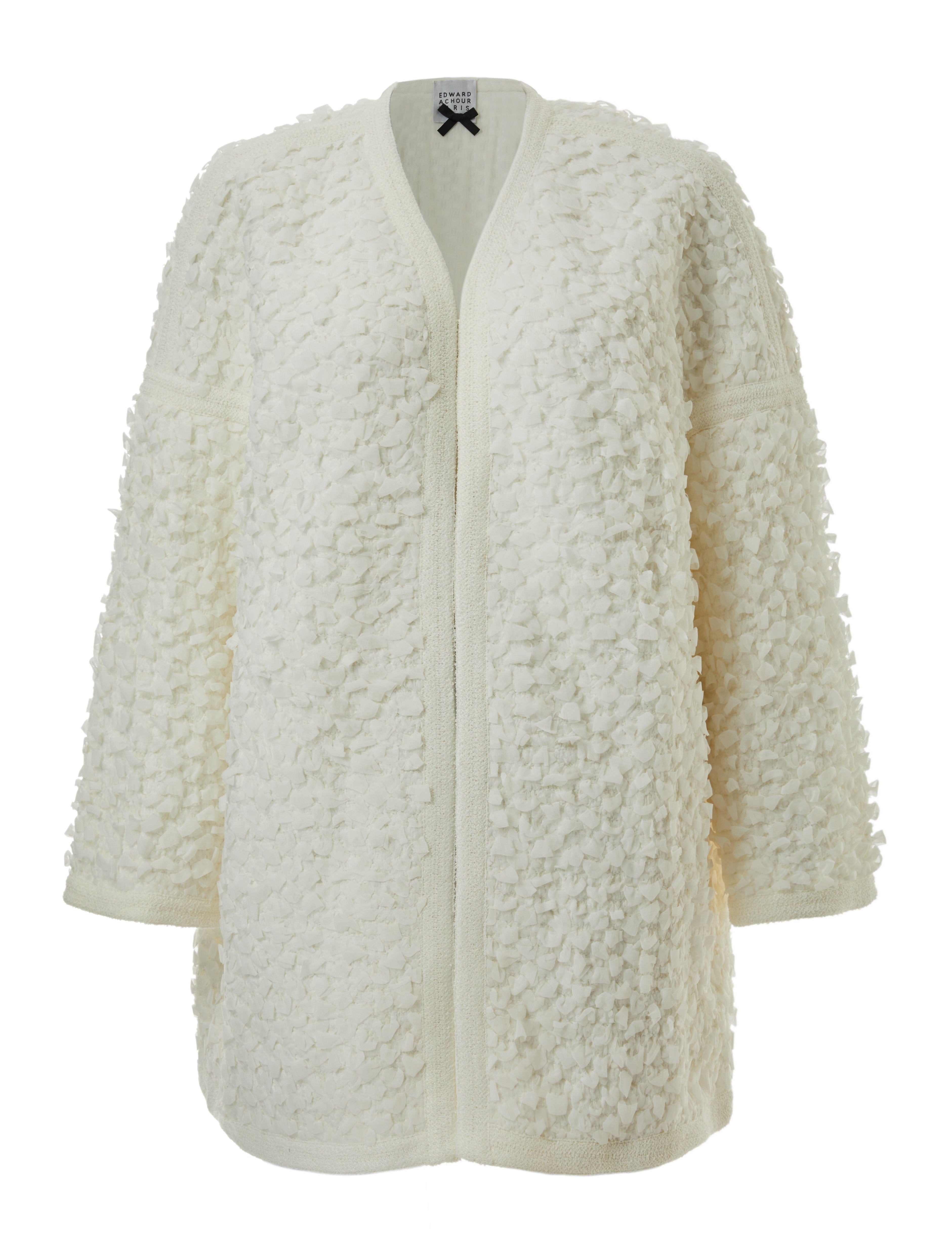 Long ribbon natté white long blazer with white trim (080118/832)