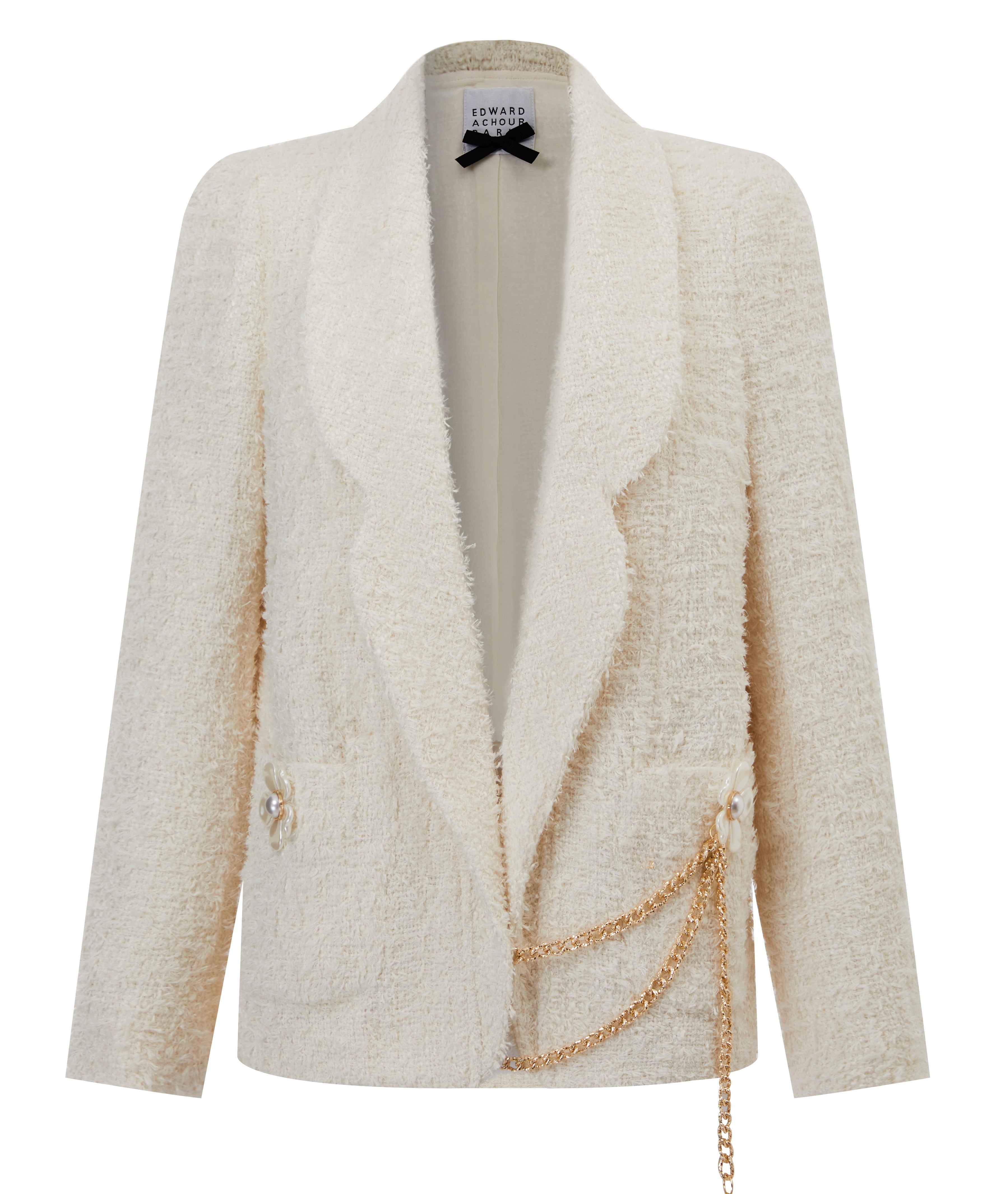 Petal collar boxy blazer , with oversized flower detail and removable chain detail  (080126/858)