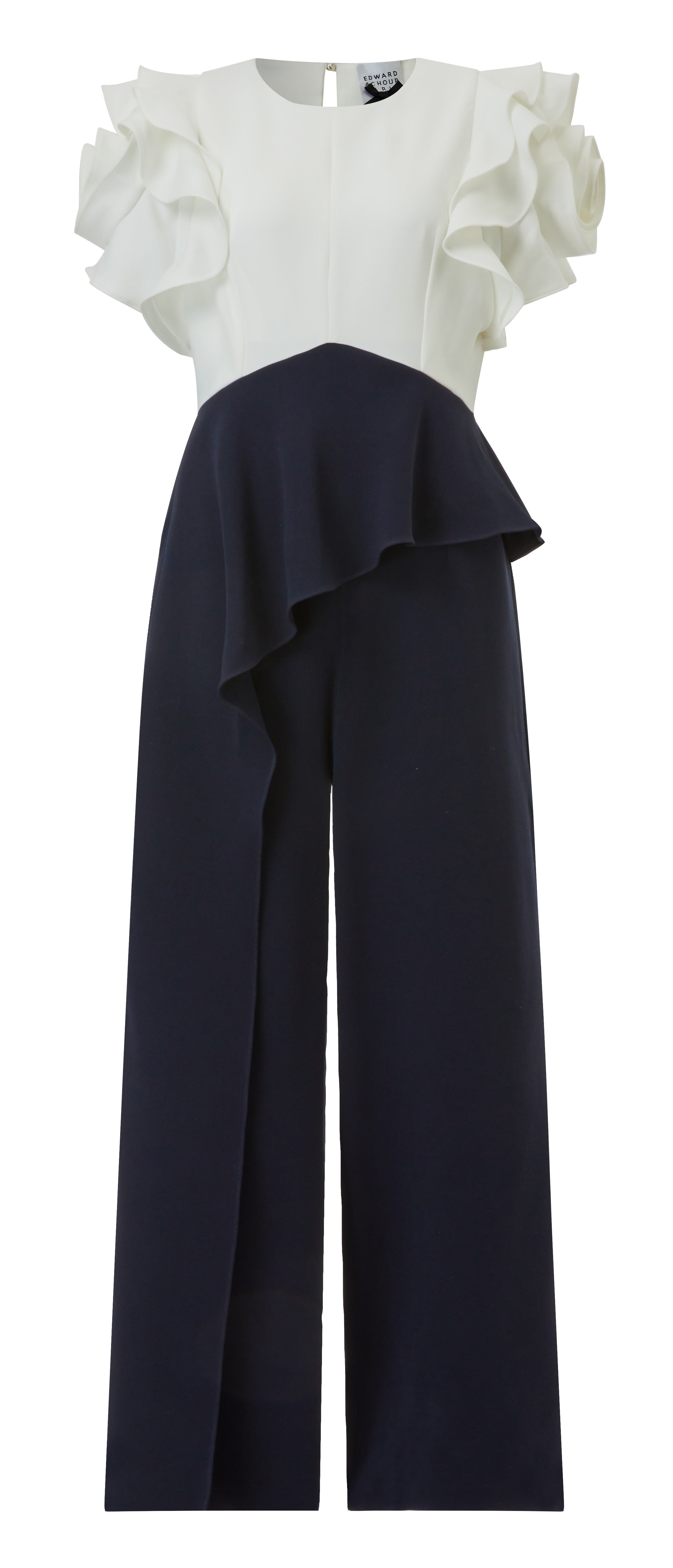 Caddy crêpe jumpsuit asymmetrical front Weavy ruffle and flower sleeves