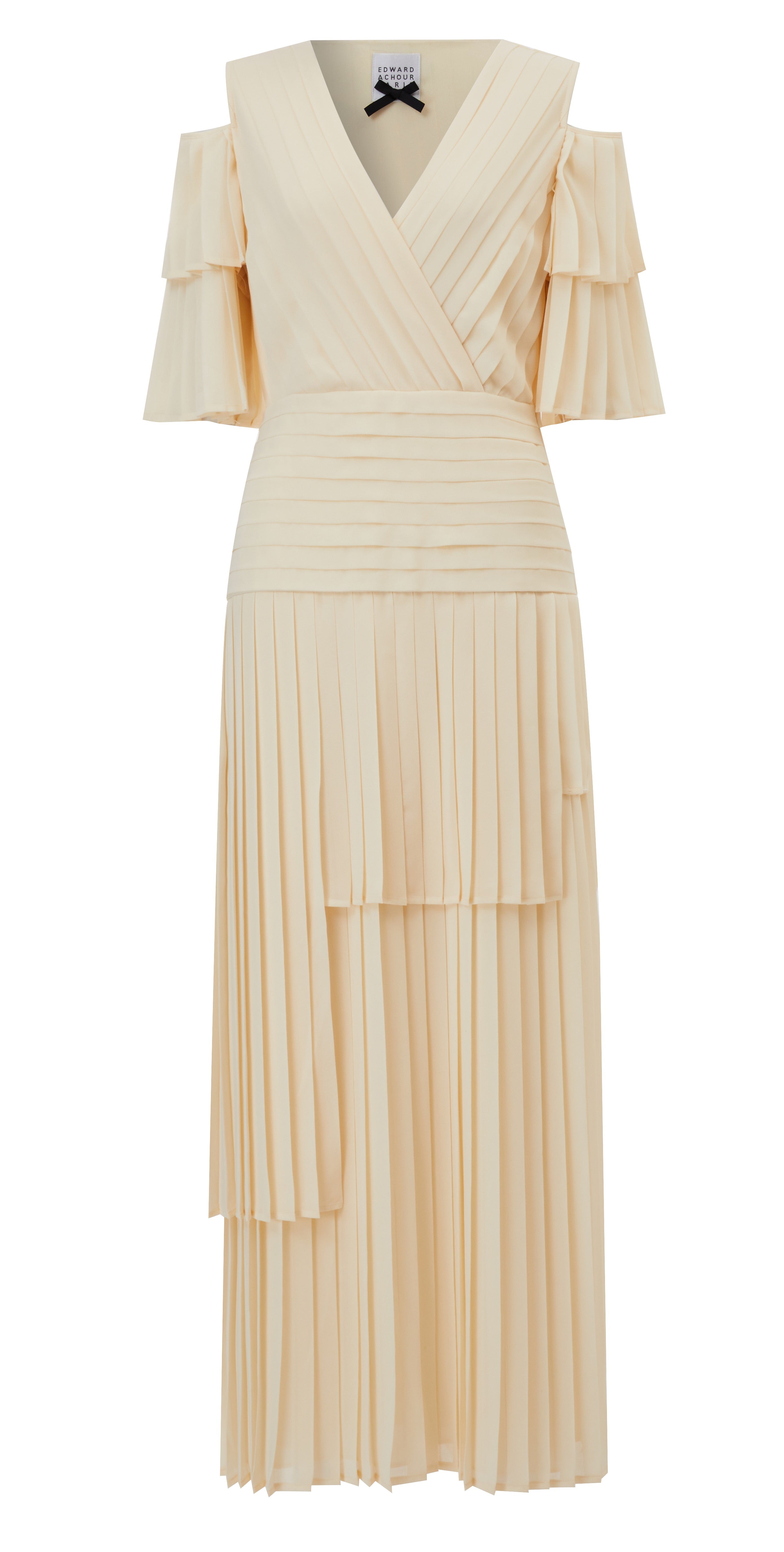 Asymmetrical long pleated Chiffon dress with open shoulder pleated sleeves (080415/842)