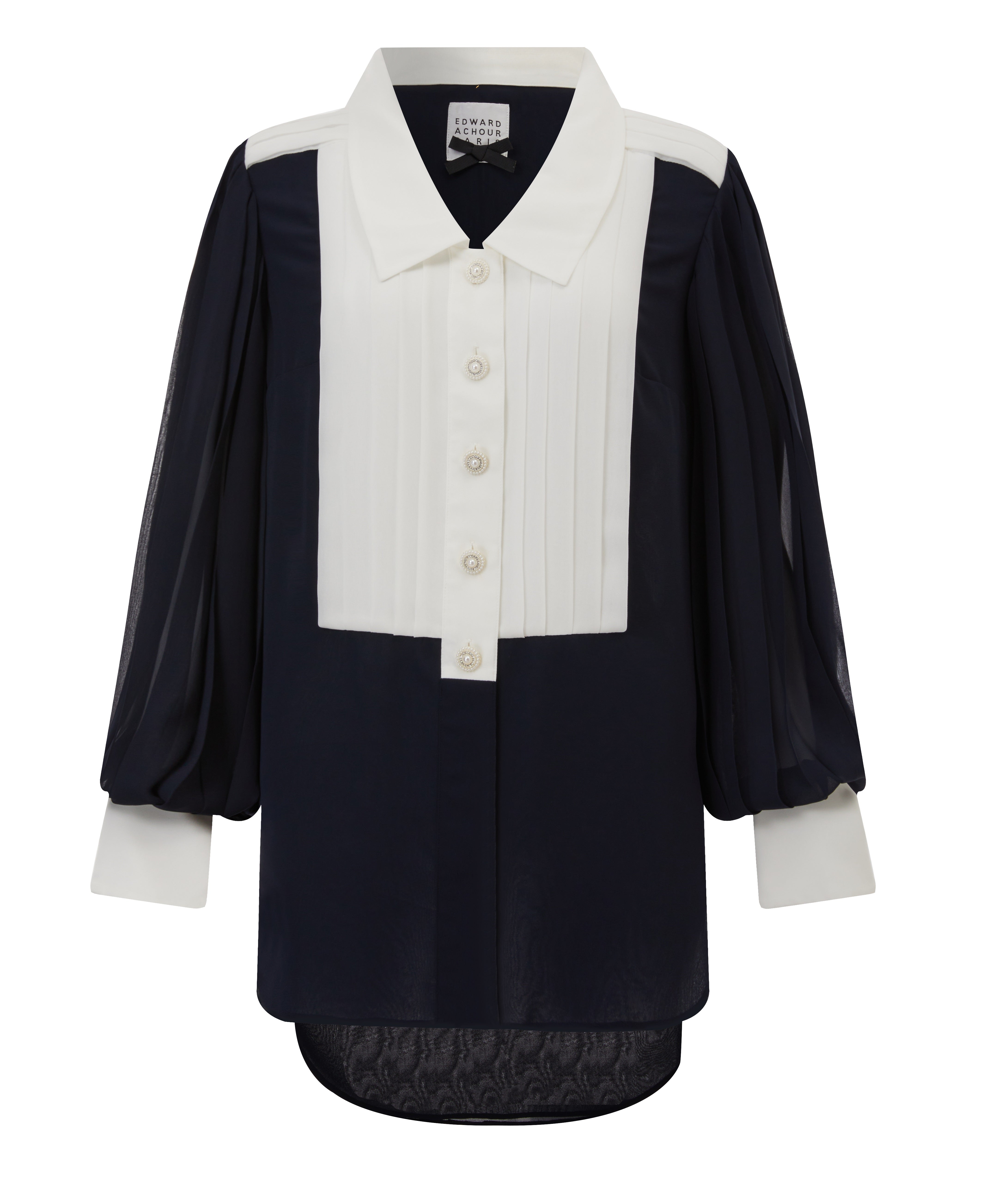 Couture shape , contrast pleated front and sleeves long crêpe chiffon blouse (080613/842)