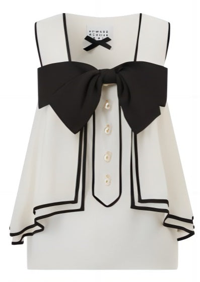Contrasted trimed layer sleeveless weavy top with contrast bow collar and pearls buttons (080713/840)
