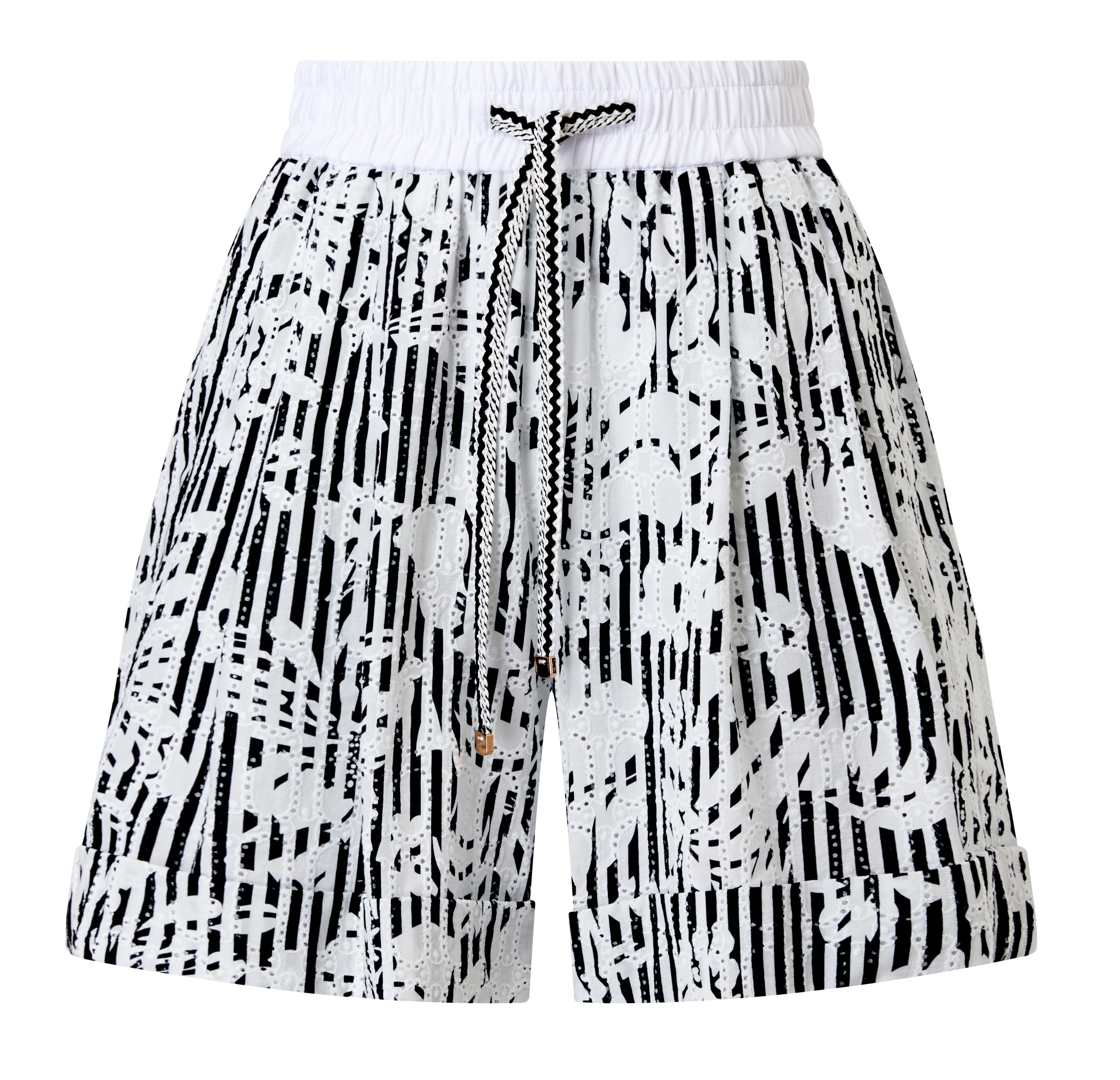 Black and white printed coton embroidered with white waist details and detailed trim pullers (081002/822)