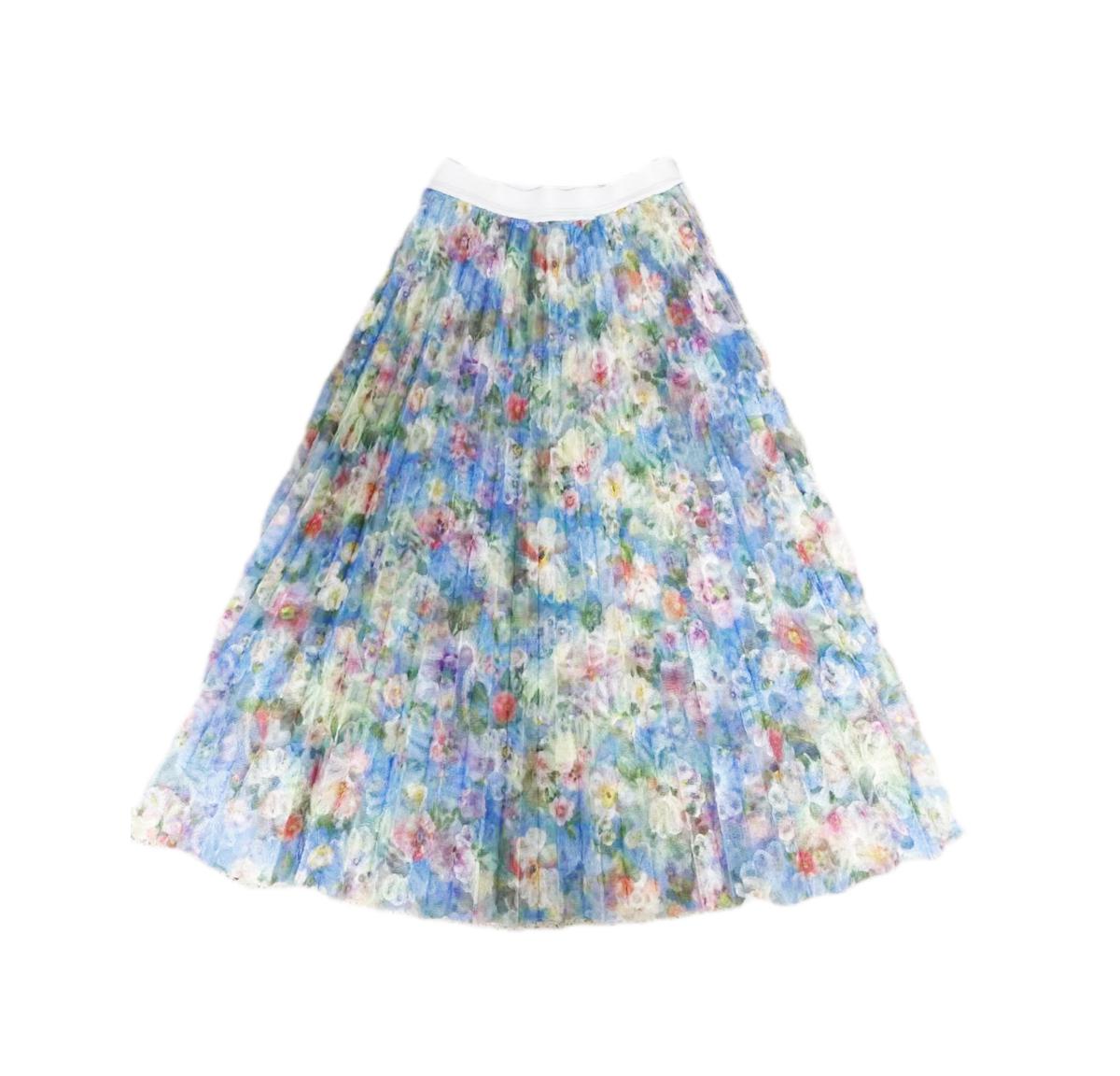 Midi Lengh multi layers pleated printed lacy mesh skirt (081105/855)