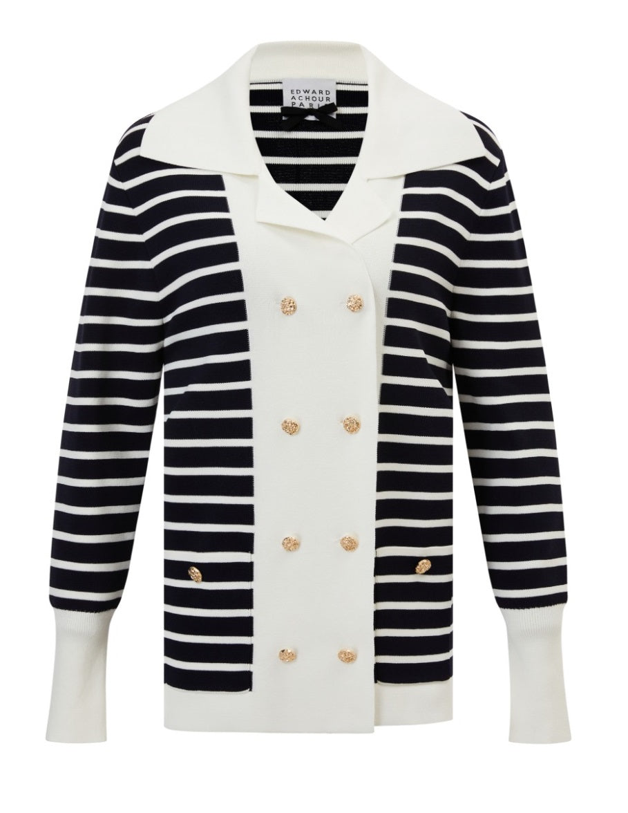 Structural knit Double breasted navy stripes and white front and collar long cardigan (081502/895)