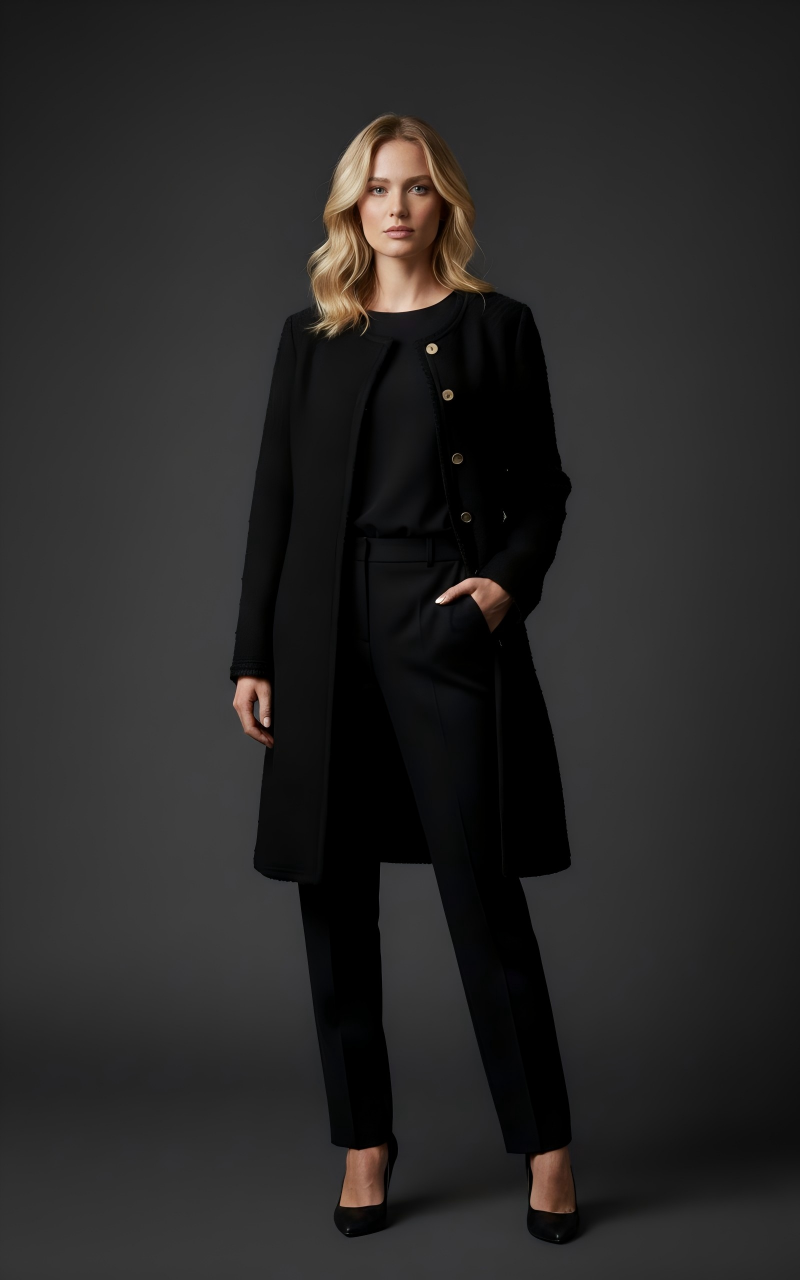 Black Bouclé Button-Front Coat (090221/909)