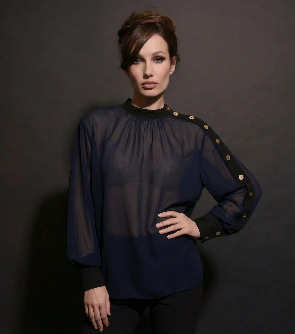 Asymmetric Chiffon Blouse with Gold Signature Buttons (090603/917)