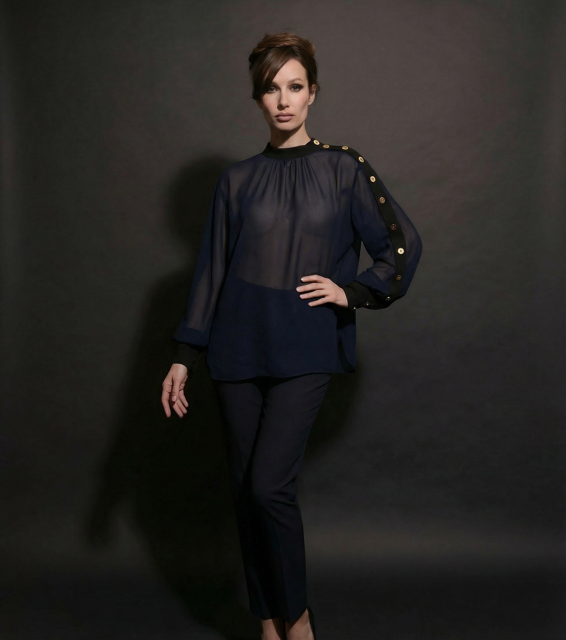 Asymmetric Chiffon Blouse with Gold Signature Buttons (090603/917)