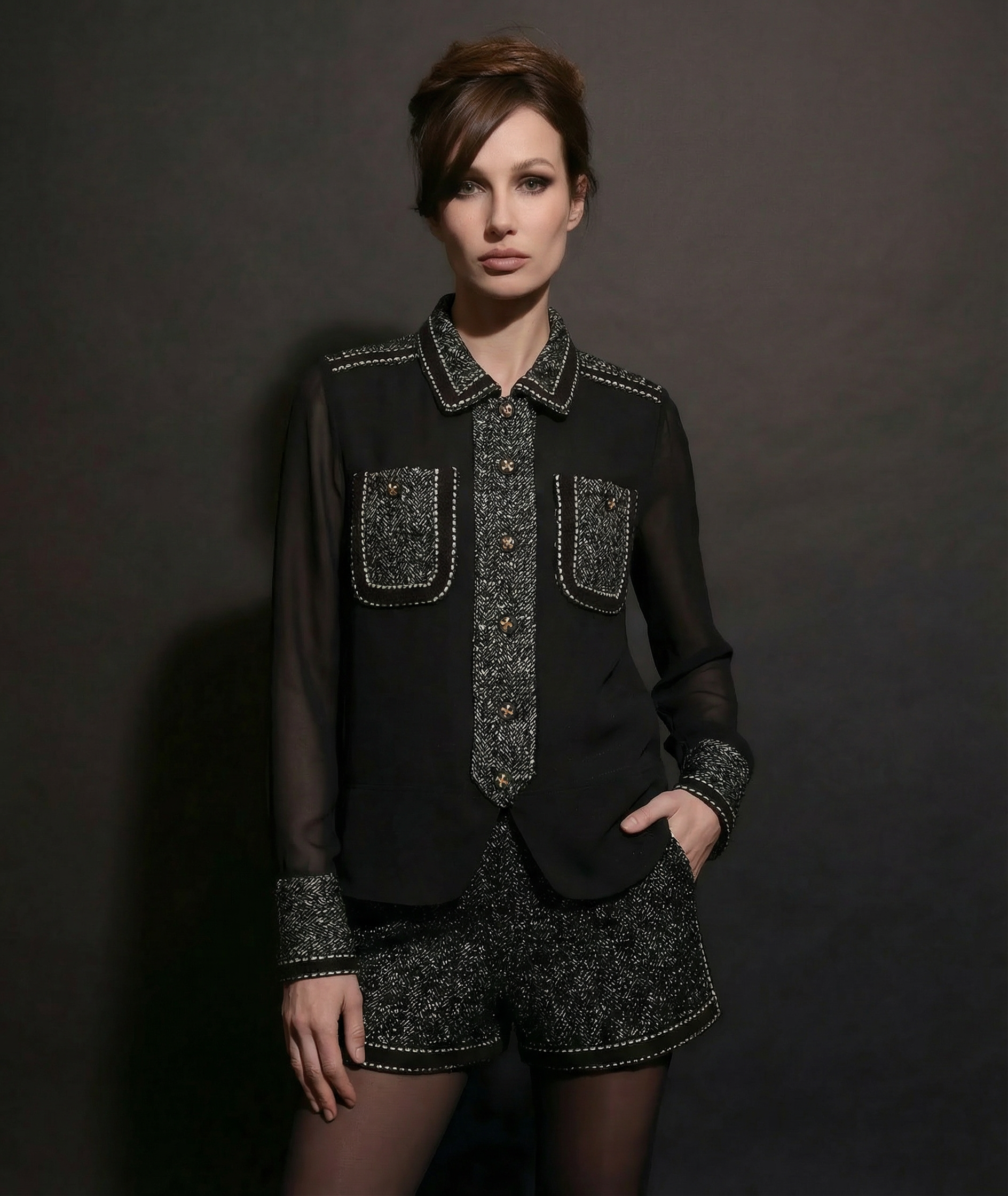 Chiffon Shirt with Contrast Collar and Cuffs (090607/913)