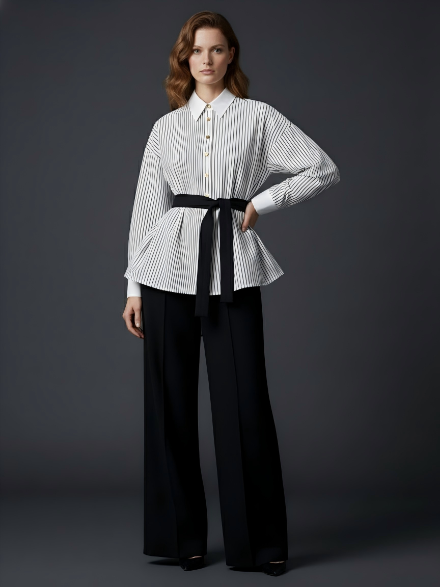 Striped Patchwork Shirt with Contrast Belt (090627/956)