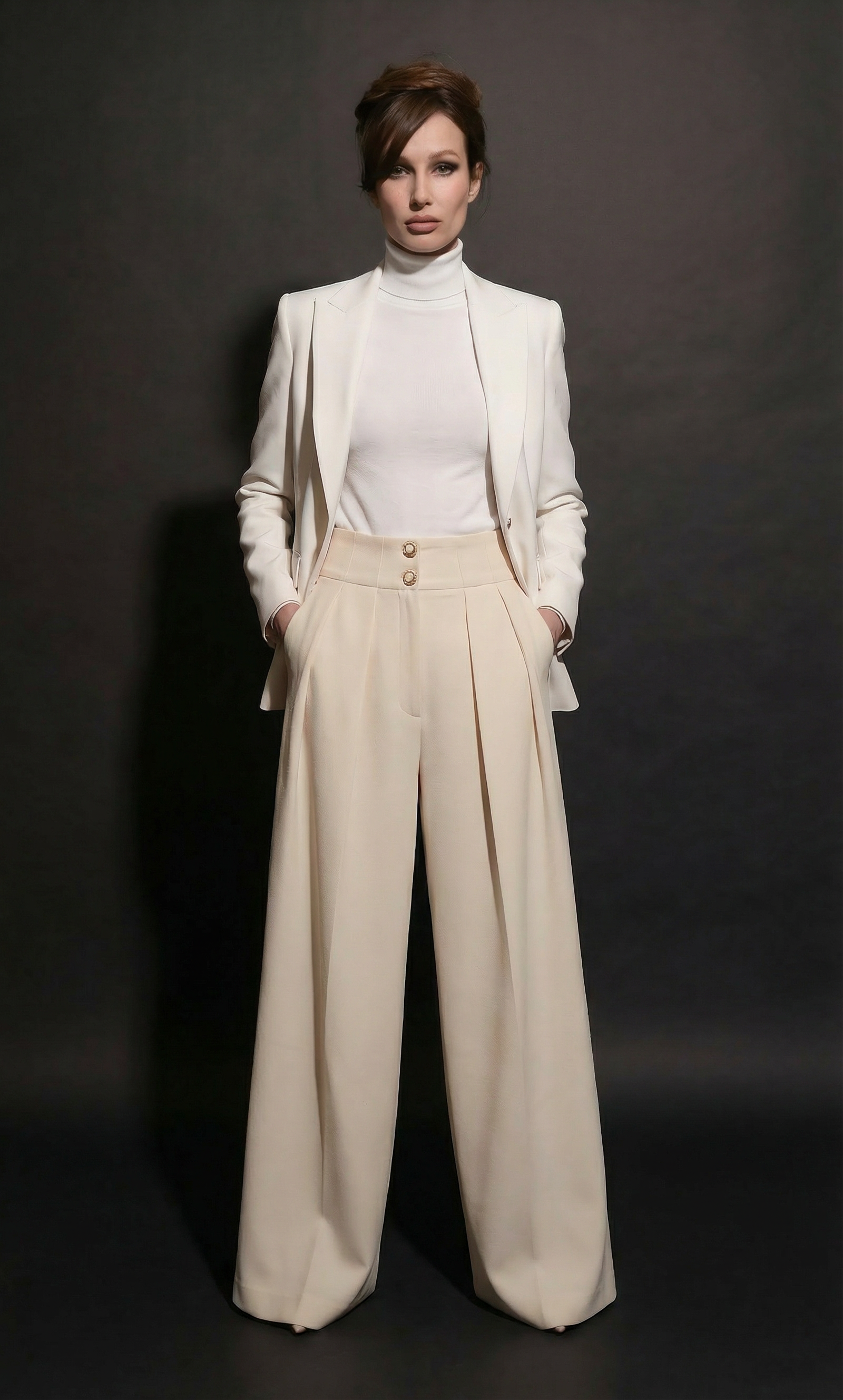 Pleated Wide-Leg Wool-Blend Pants with Gold Buttons (090904/928)