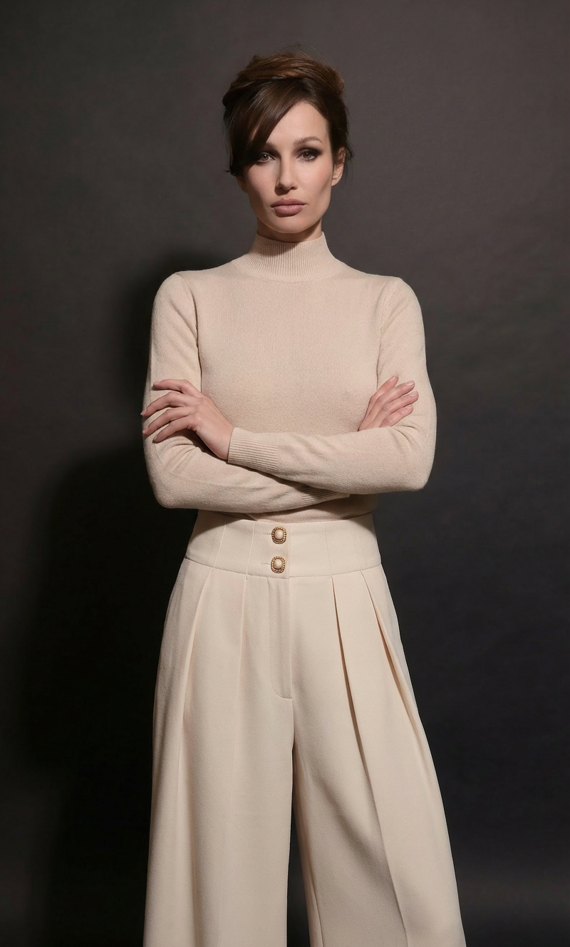 Pleated Wide-Leg Wool-Blend Pants with Gold Buttons (090904/928)