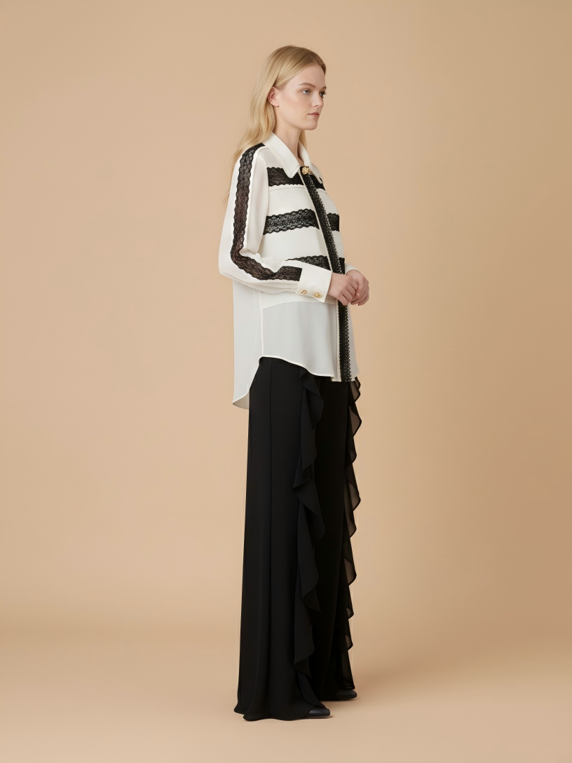 Black Ruffle-Trim Wide-Leg Pants (090906/936)