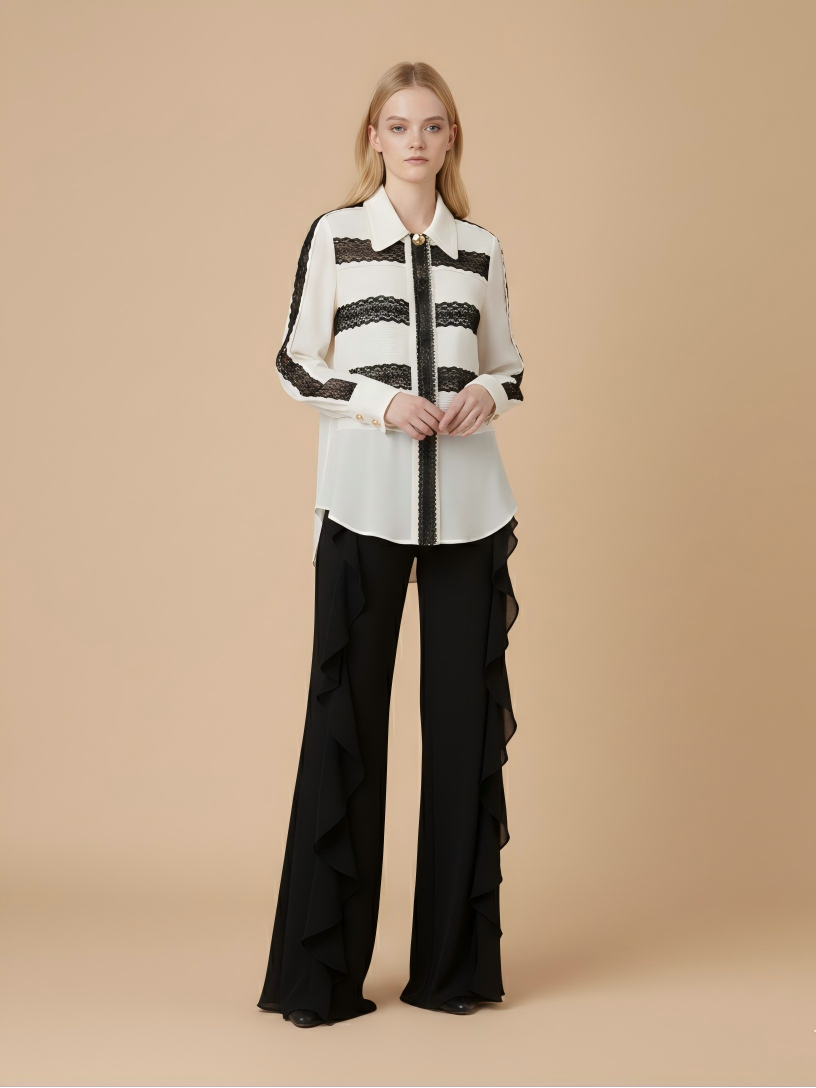 Black Ruffle-Trim Wide-Leg Pants (090906/936)