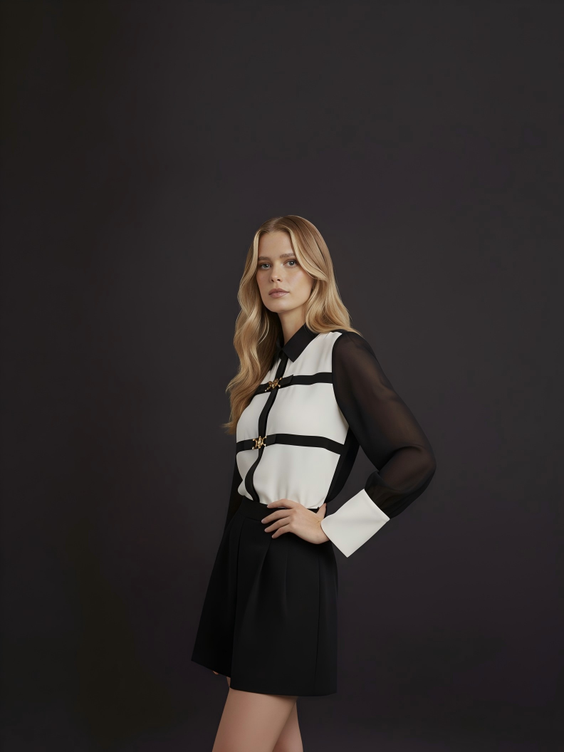 Monochrome Contrast Blouse with Gold Clasp Detail (090621/936)