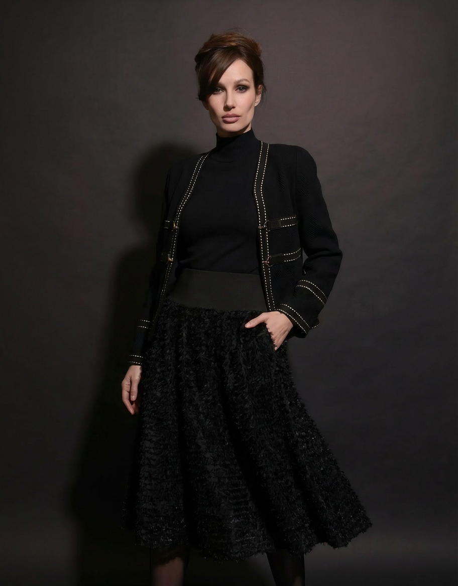 Black Striped Sheer Midi Skirt with Stretch Waist (091104/924)