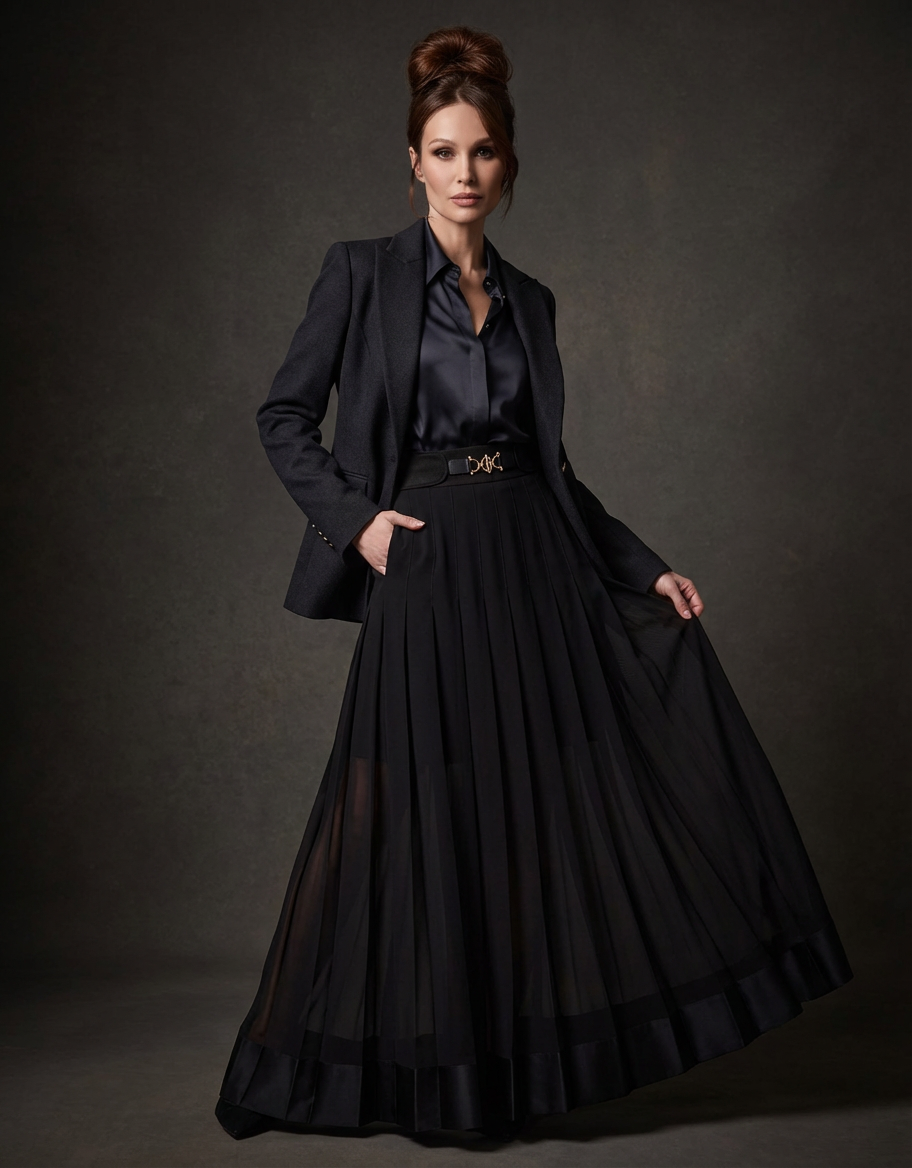 Black Sheer Pleated Maxi Skirt with Belt Buckle Detail (091110/936)