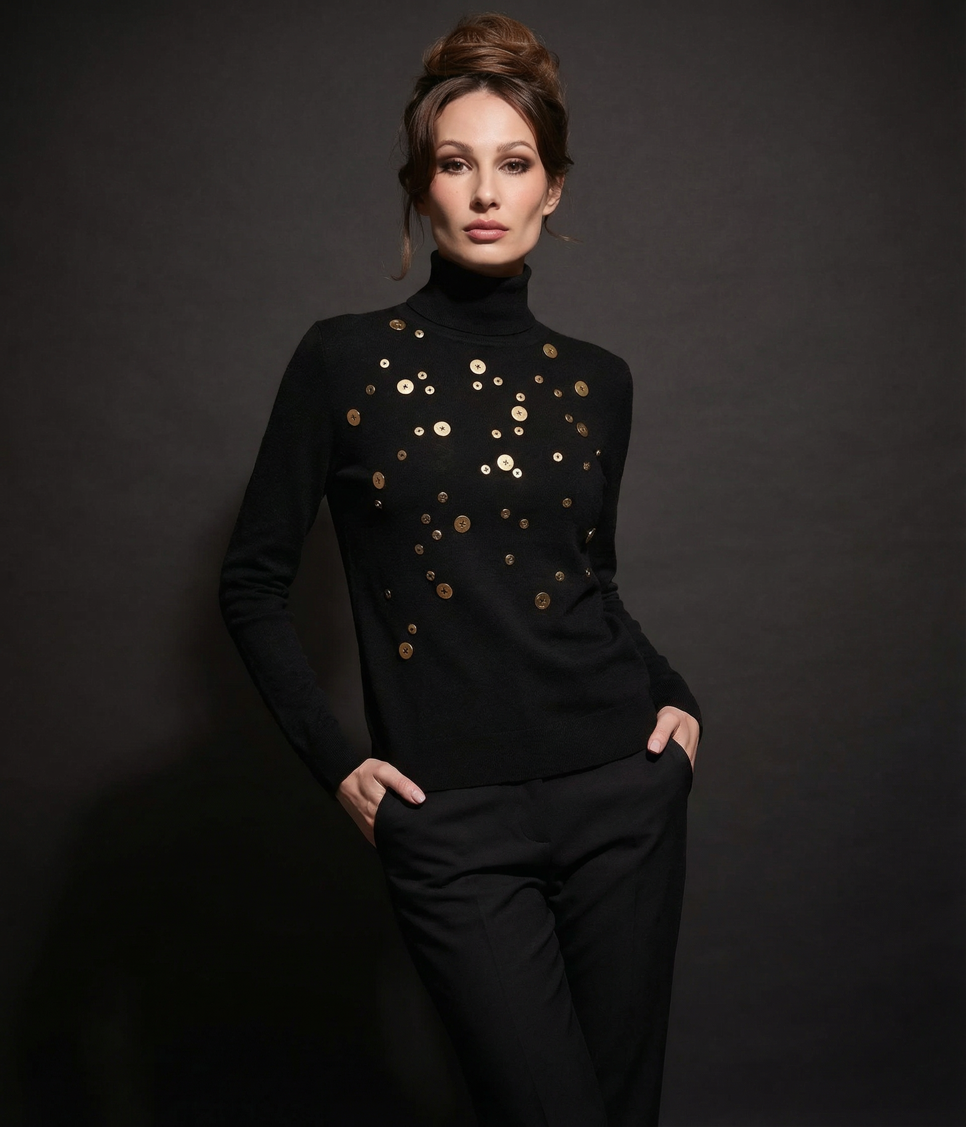 Fitted Wool Turtleneck with Scattered Gold Button Embellishments (091505/995)