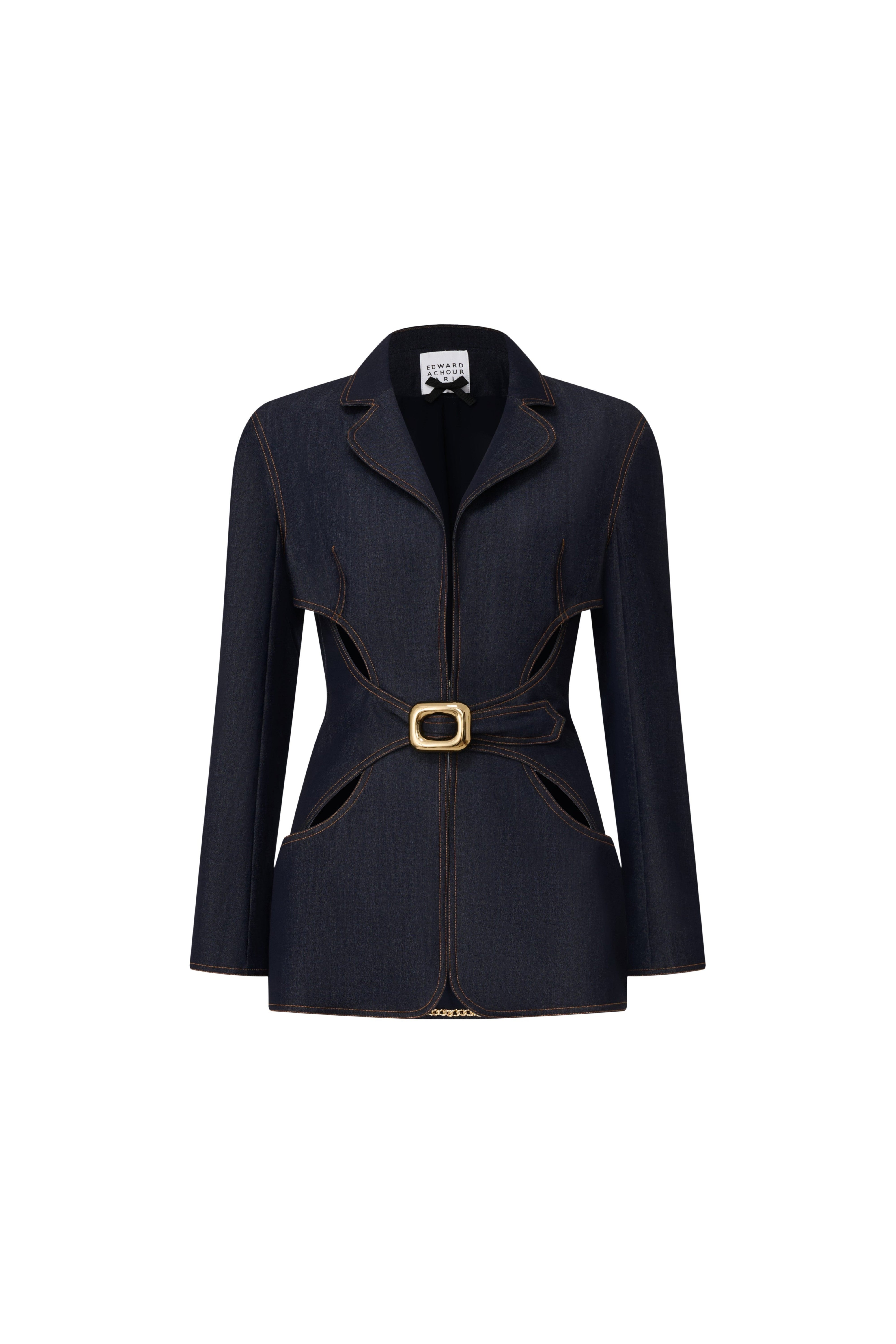 Cut-Out Belted Denim Jacket - Dark Indigo