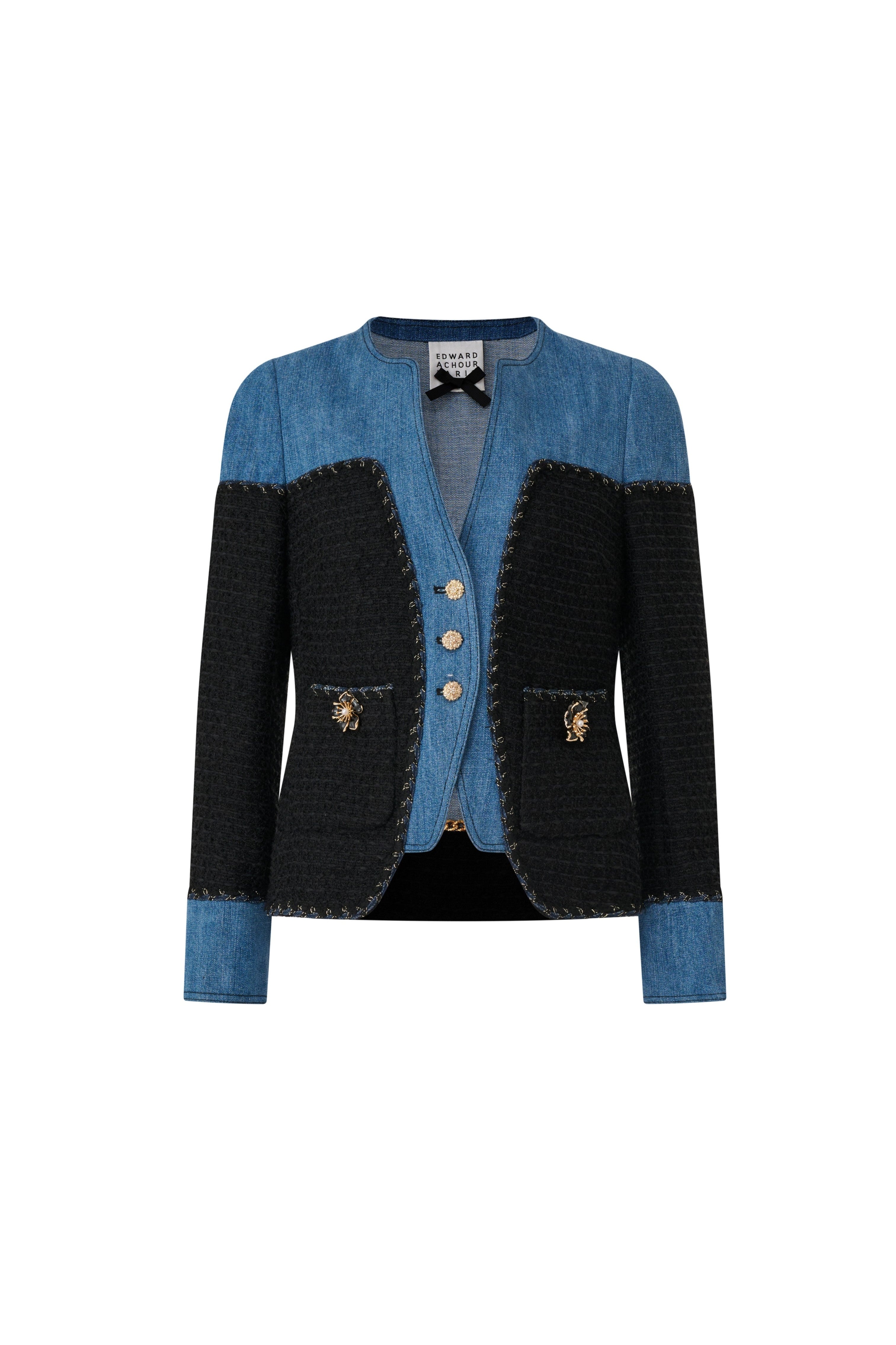 Front view of Edward Achour structured jacket with blue denim panels and black textured bouclé body.