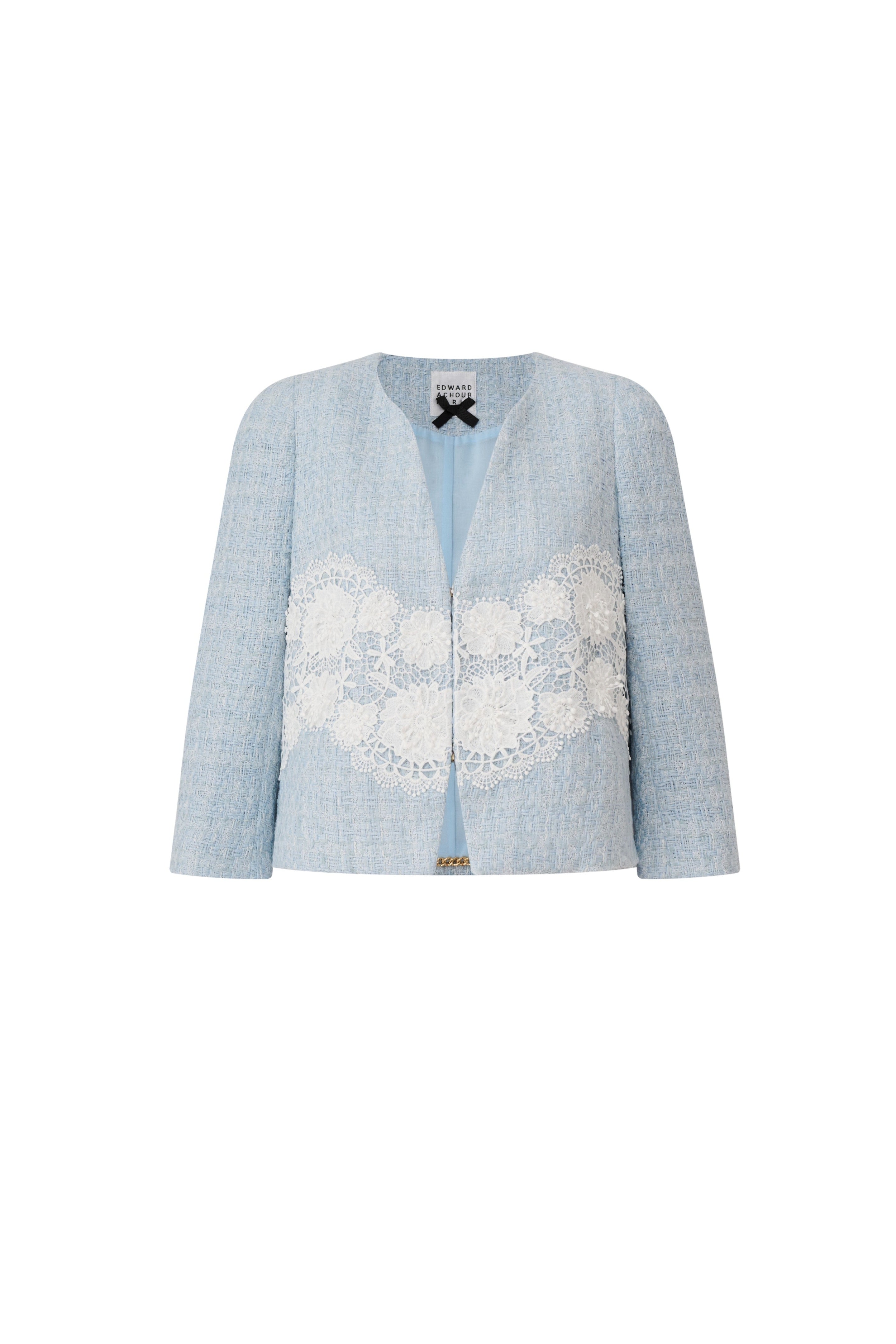 Front view of a sky blue cropped bouclé jacket with a clean front and horizontal white lace detail by Edward Achour.