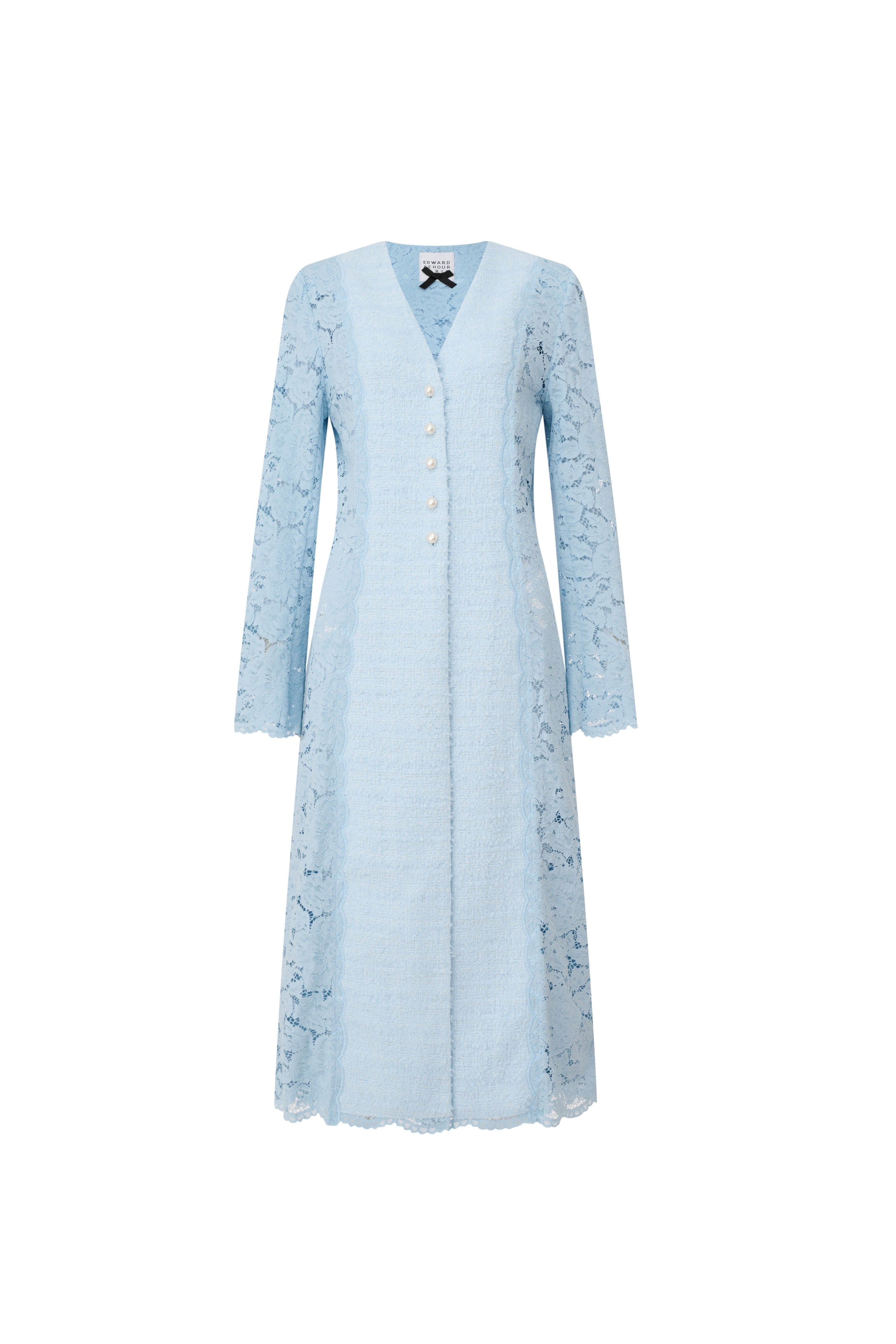 Front view of a long light blue coat-dress featuring vertical lace paneling, bouclé fabric, and signature pearl buttons by Edward Achour.