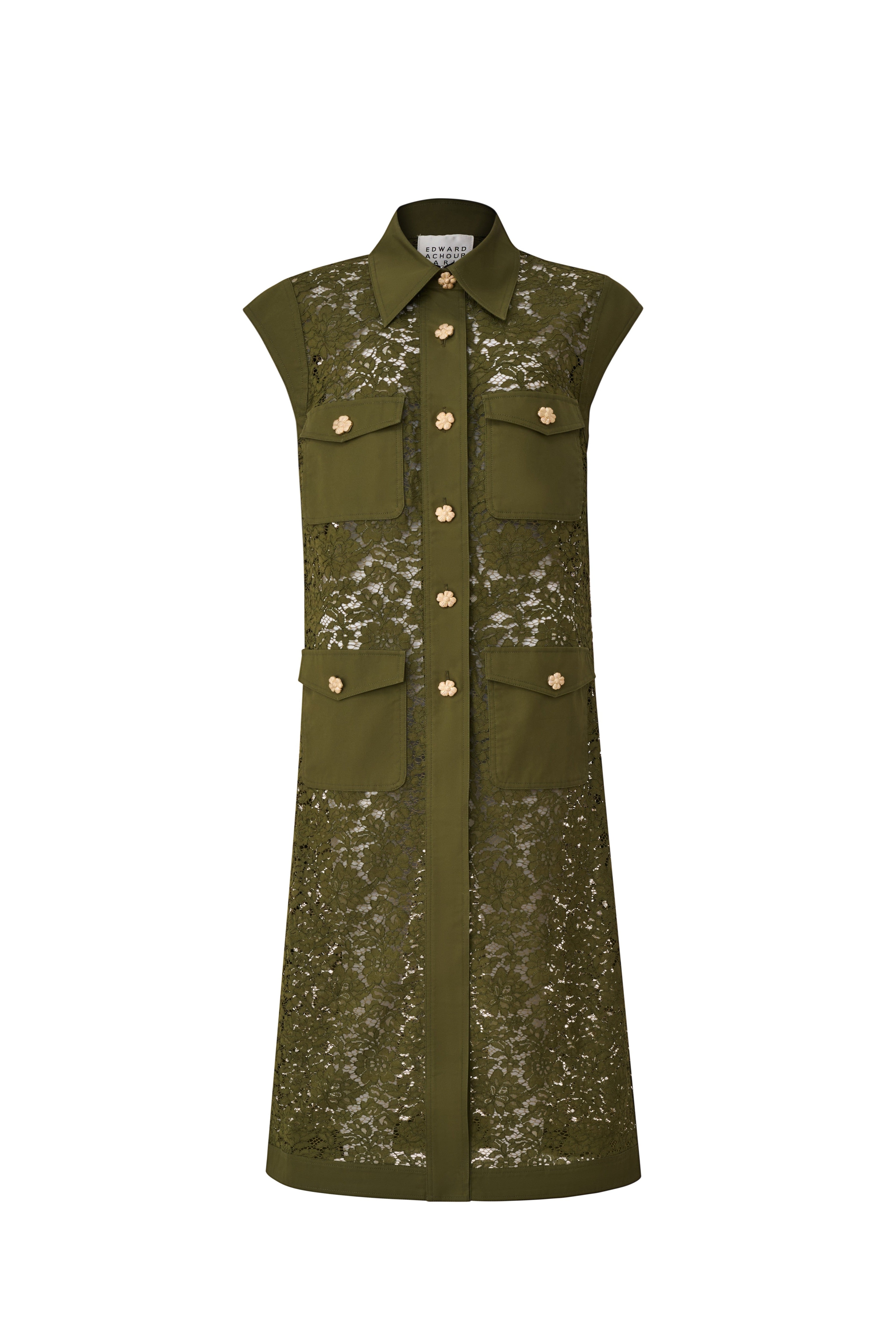 Front view of a sleeveless olive green floral lace A-line dress with refined pocket details and flower buttons by Edward Achour.