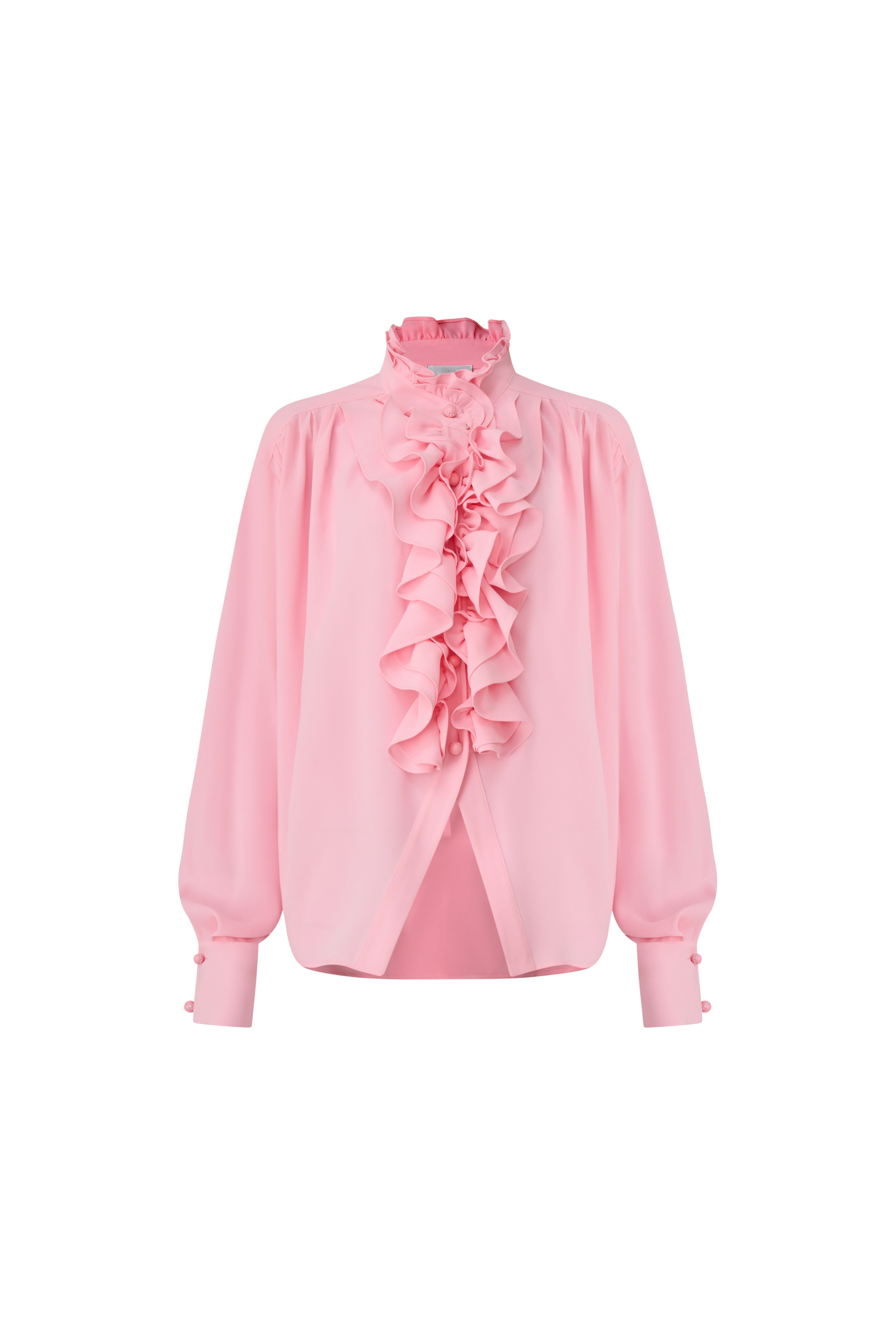 Front view of a candy pink long-sleeve blouse with dramatic center ruffles and a high neck by Edward Achour Paris.