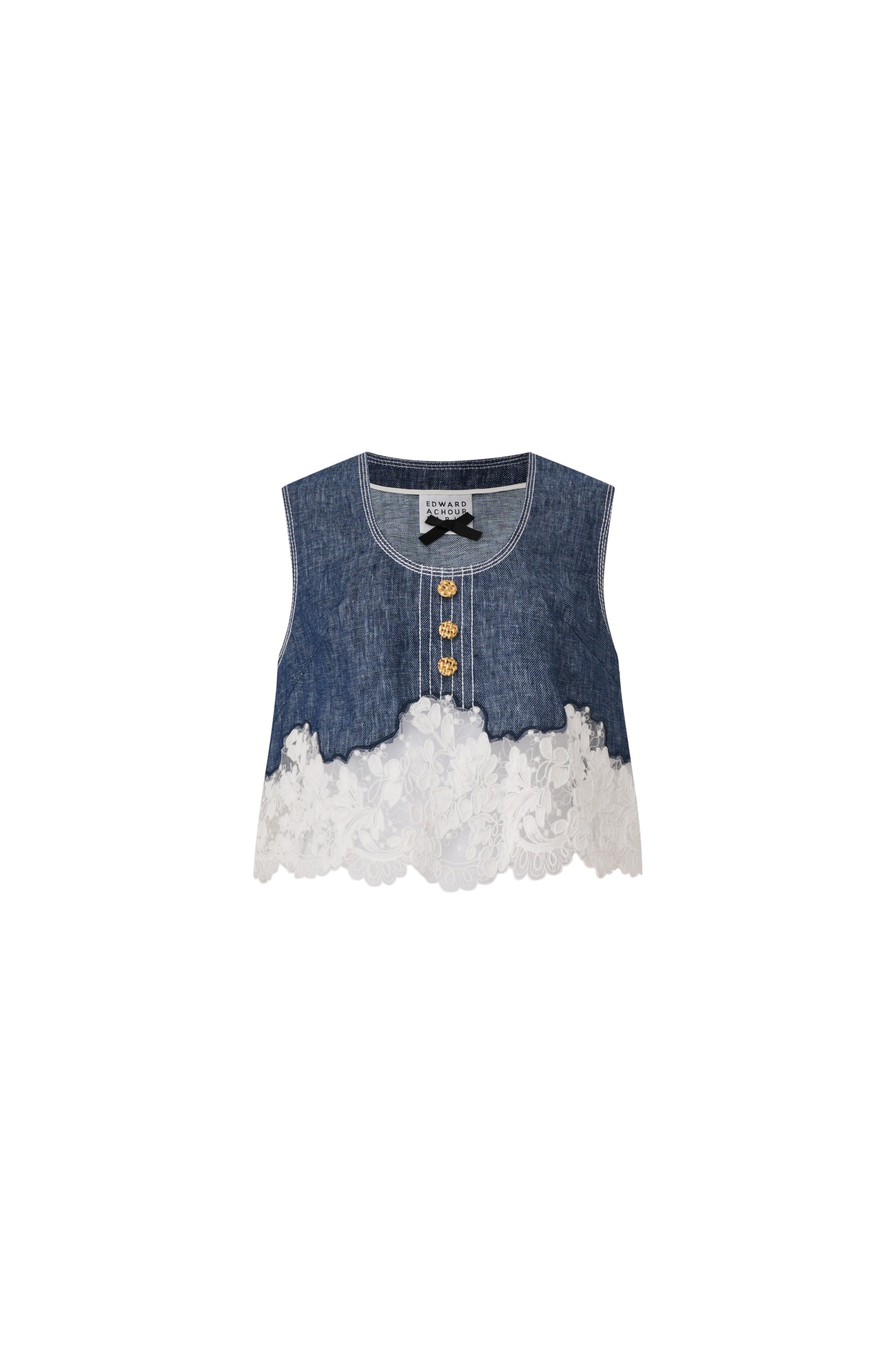 Front view of a sleeveless denim cropped top with white lace trim and gold buttons by Edward Achour Paris.