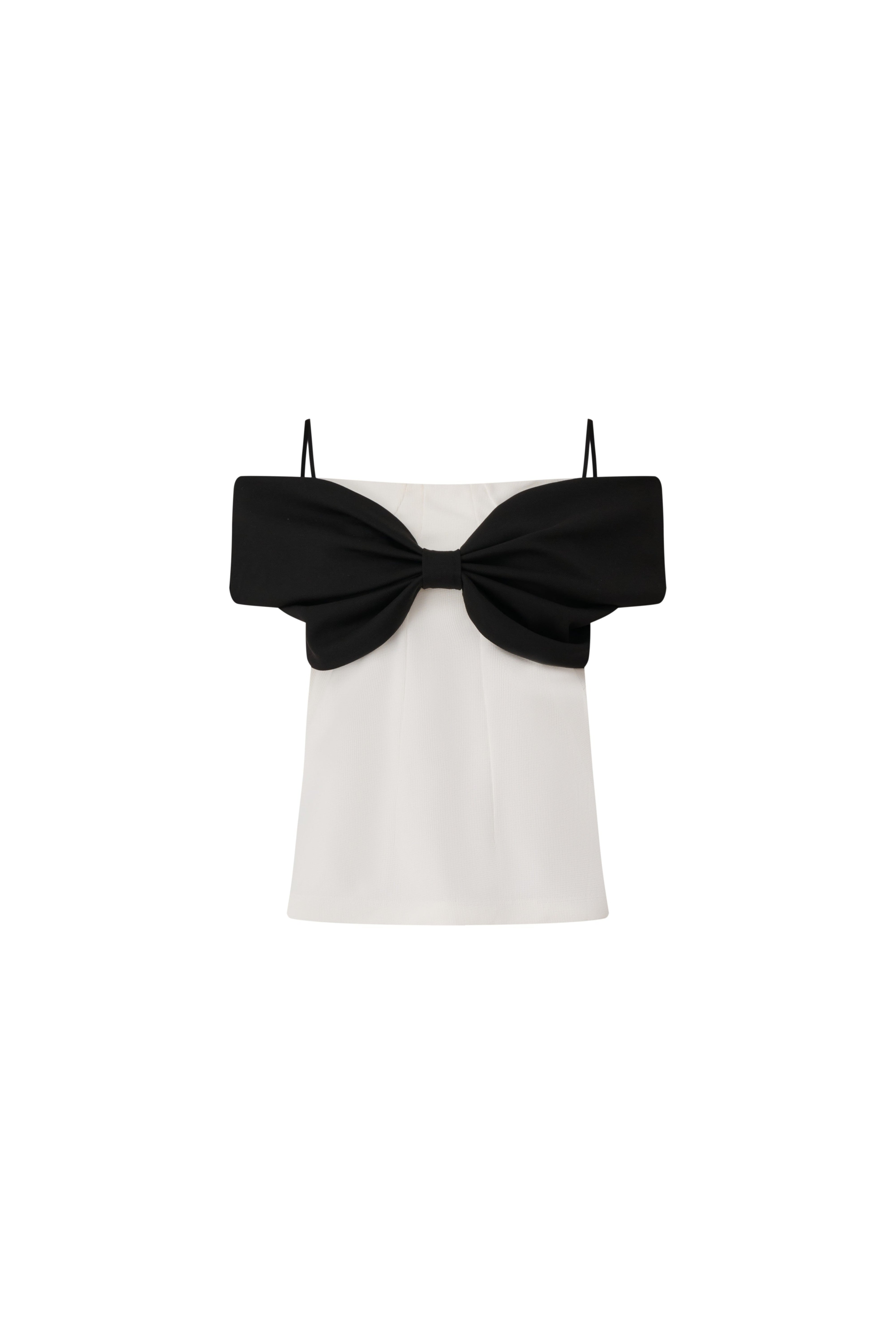 Front view of a white off-the-shoulder top with a large black bow across the chest.