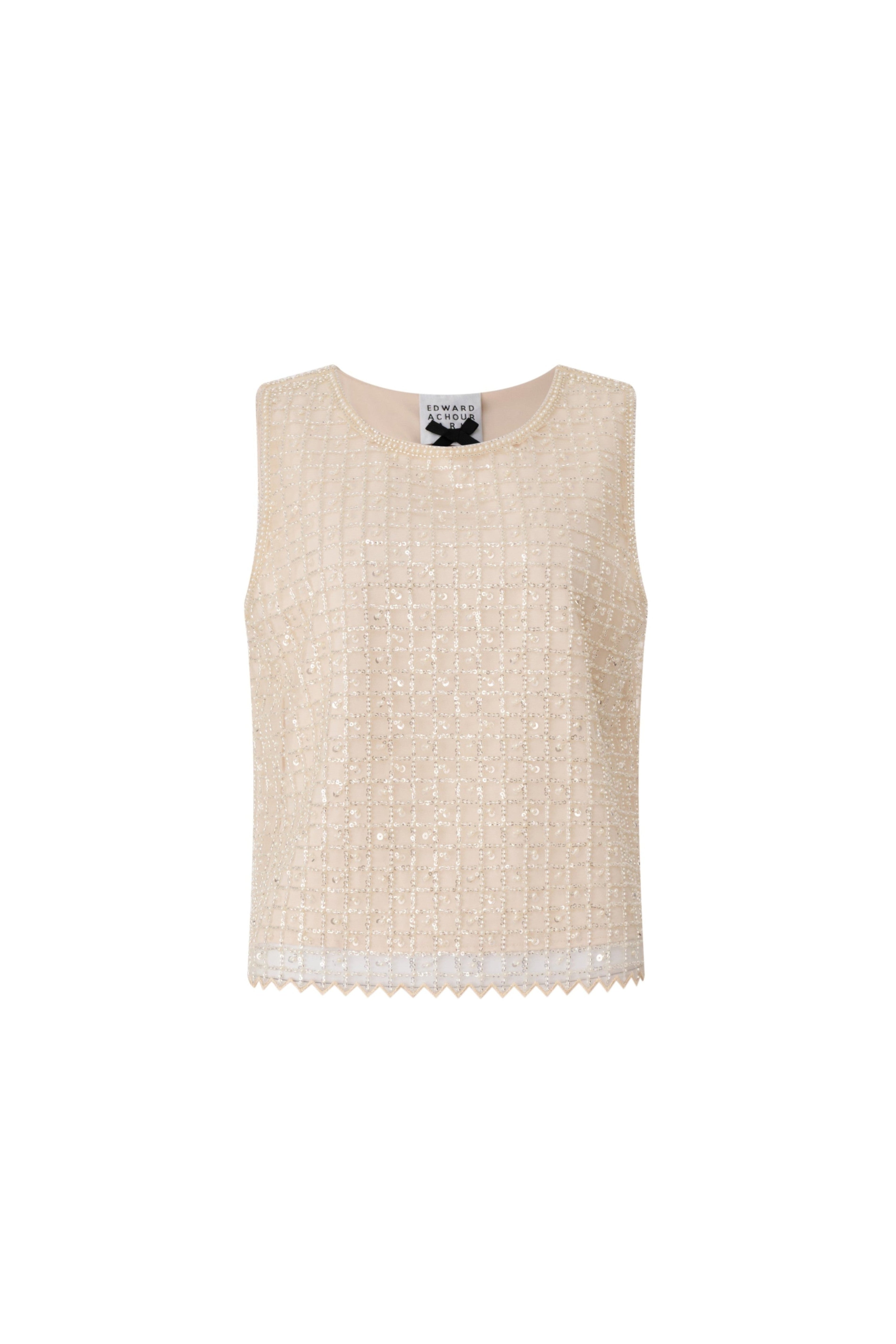 Front view of a beige sleeveless top with sequin grid detailing.