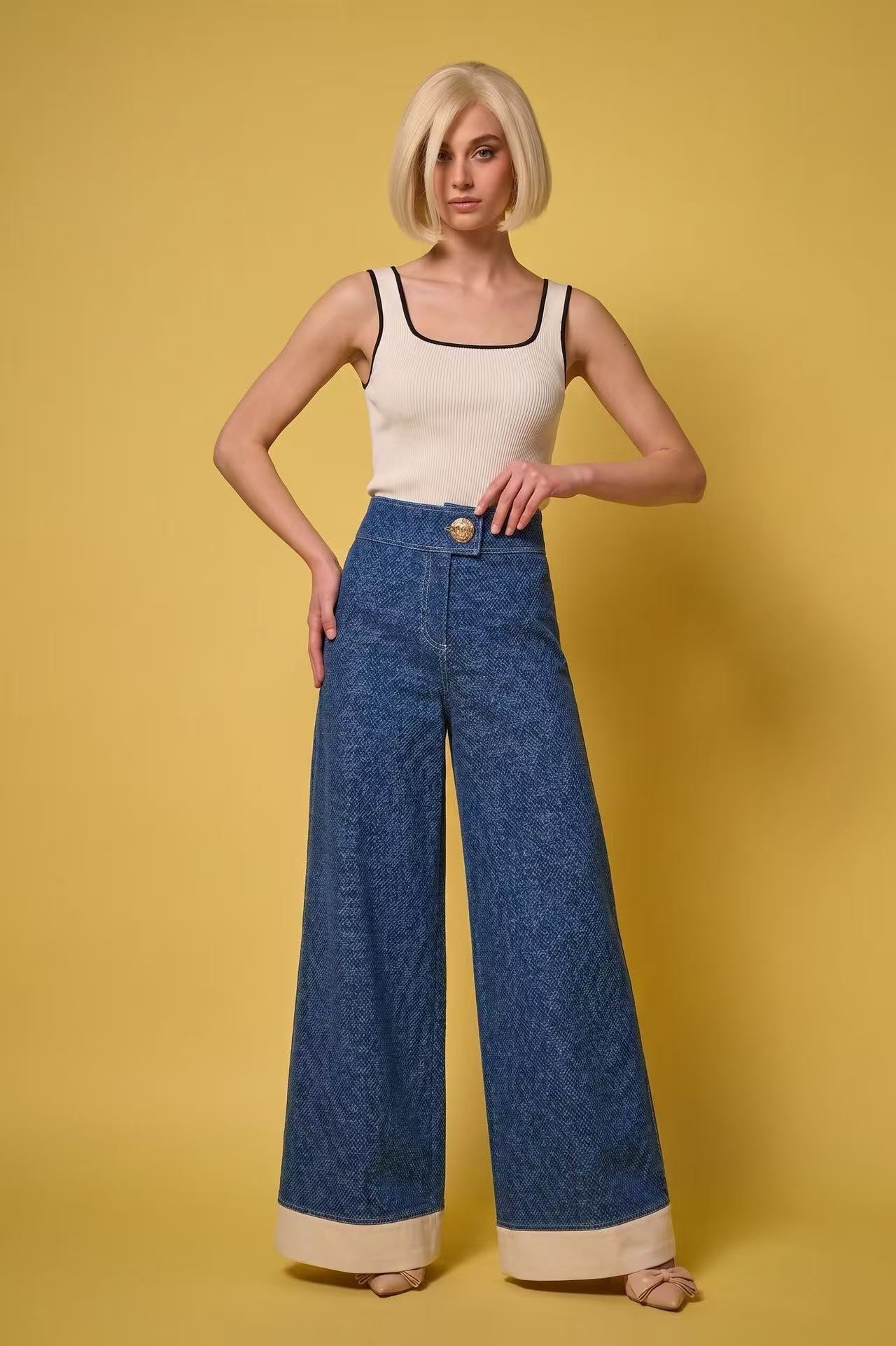 Contrast-Cuff Wide-Leg Jeans - Indigo