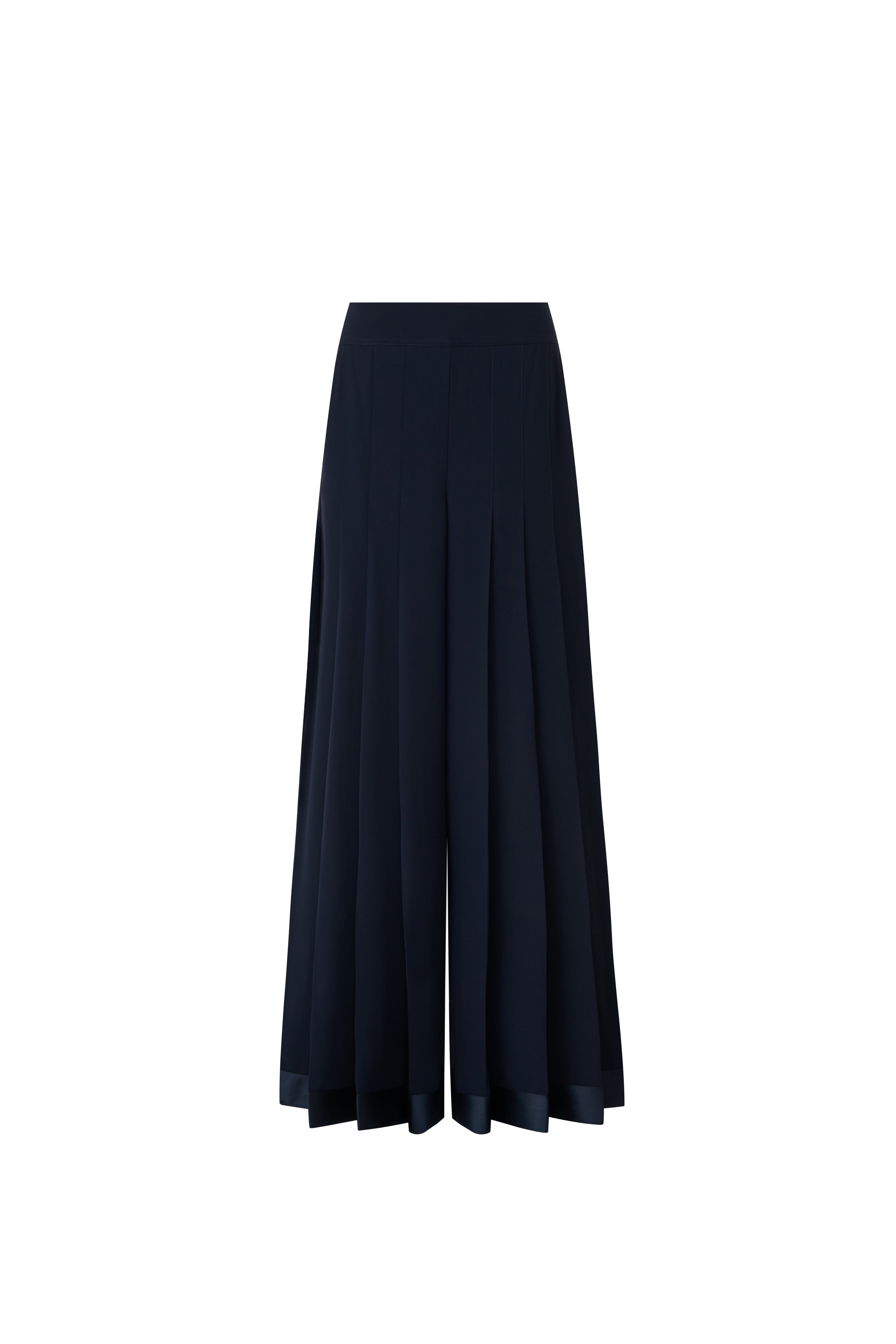 Front view of navy blue wide-leg pleated pants with a tonal satin contrast hem.