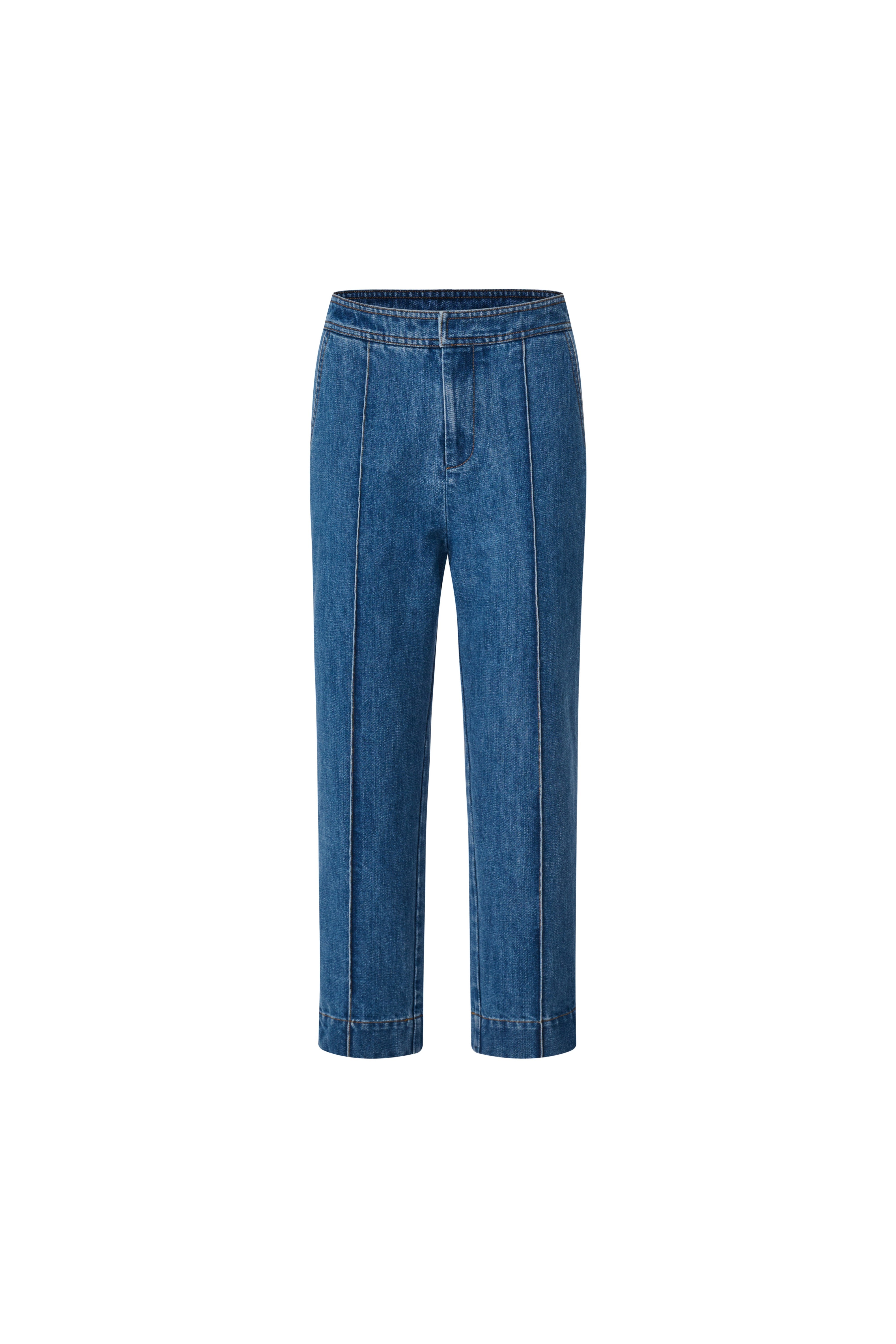 Front view of medium blue high-waisted straight-leg jeans with prominent vertical seams.
