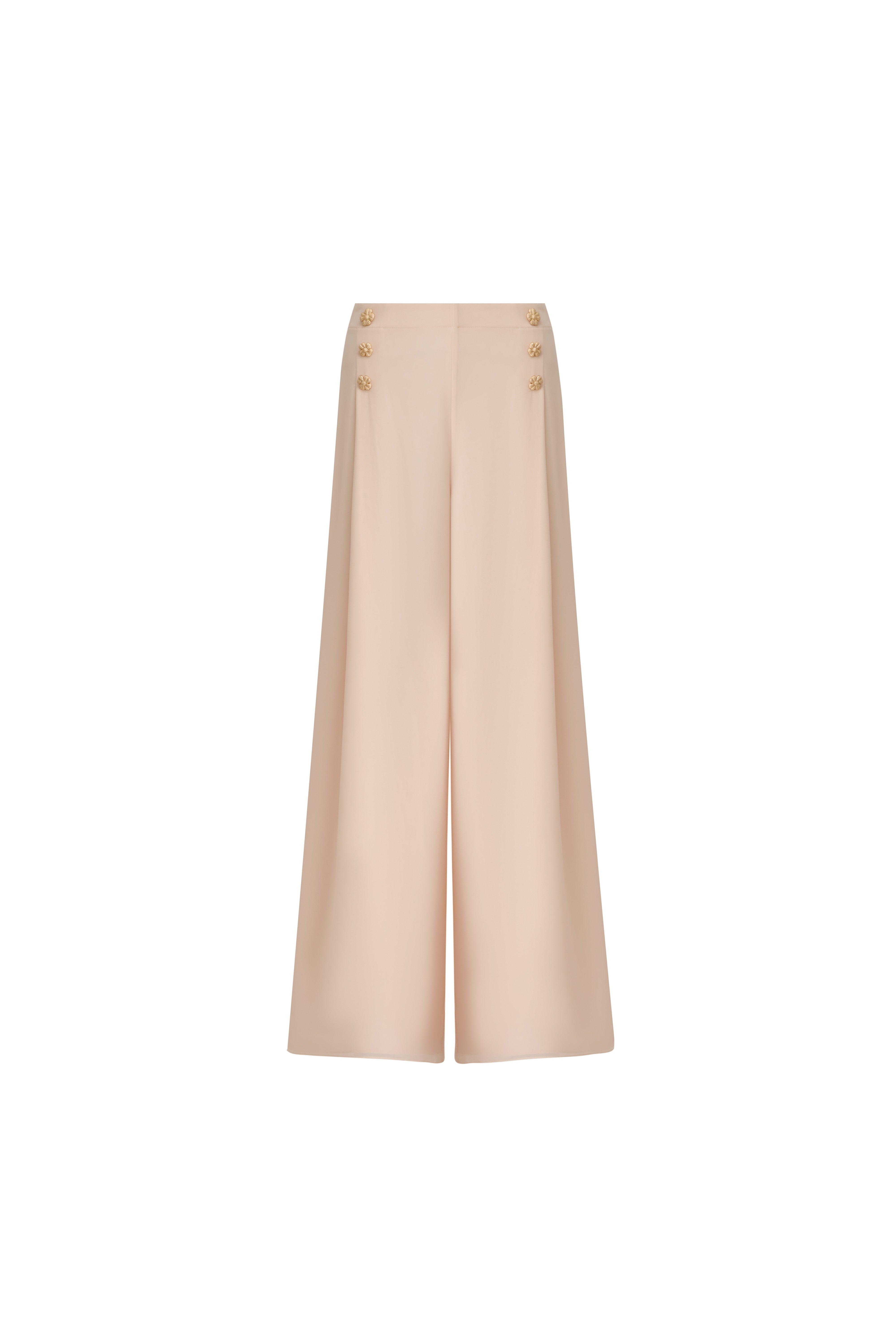 Front view of nude high-waisted wide-leg palazzo pants with gold button detailing at the hips.