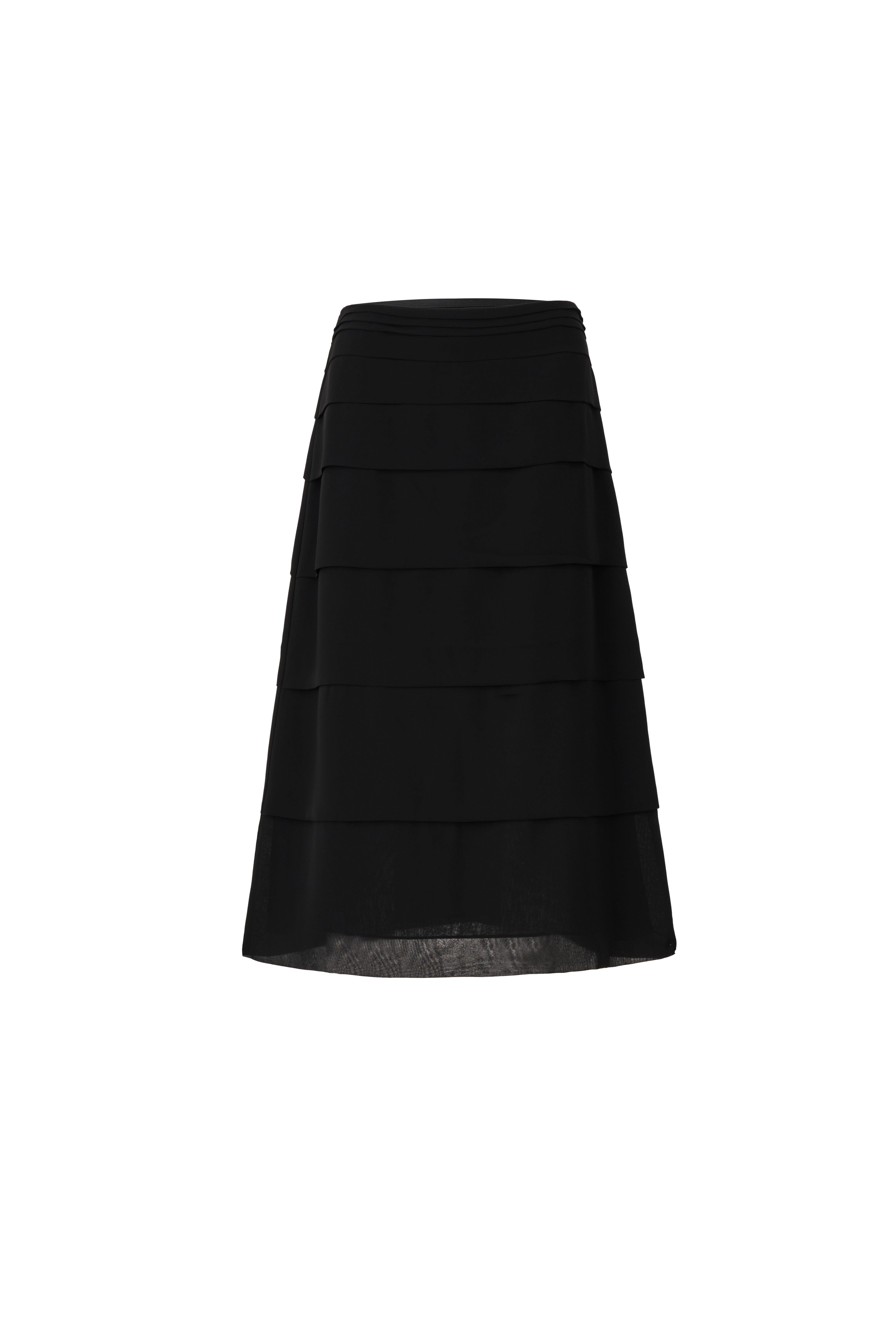 Front view of a black tiered midi skirt with semi-transparent layers.