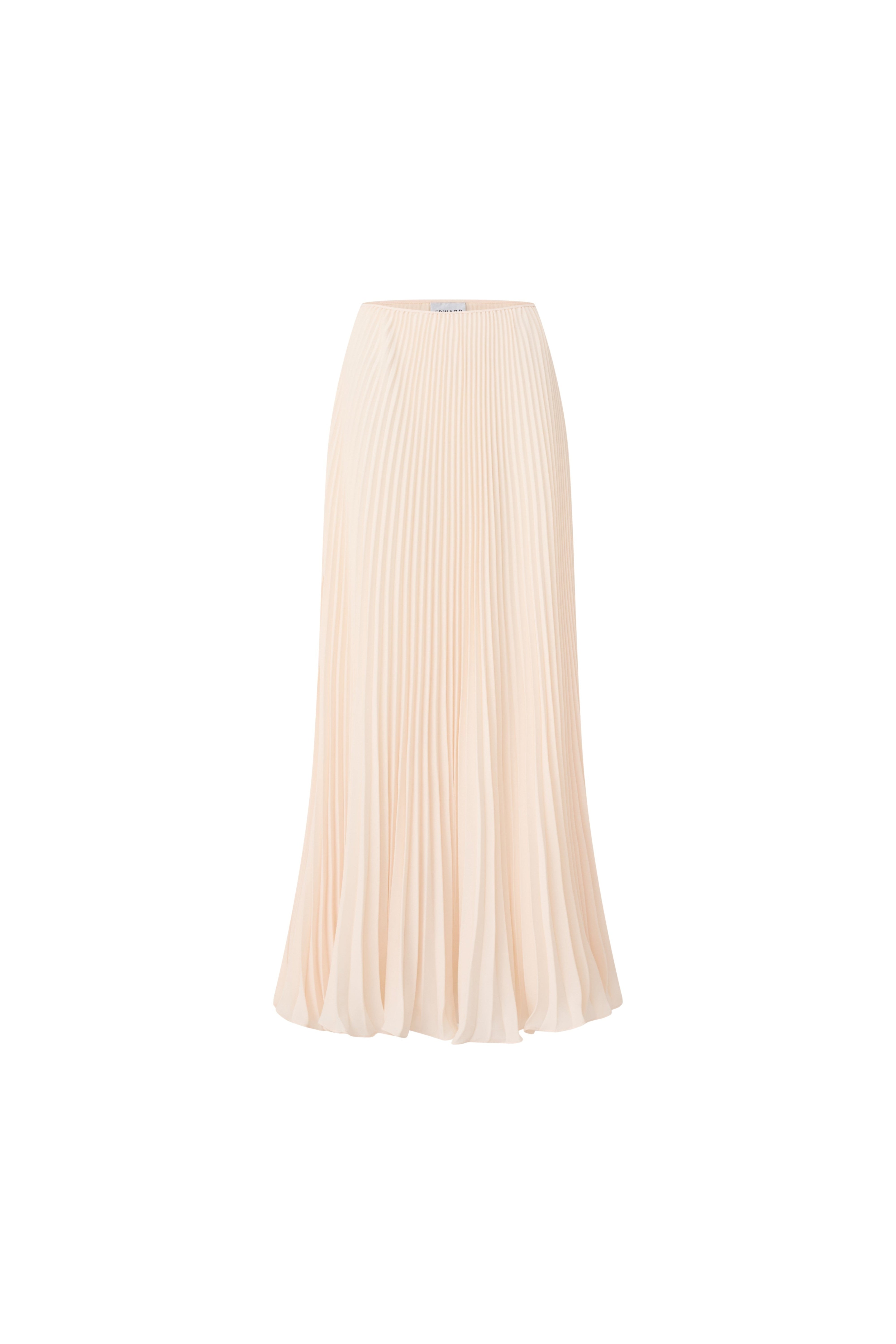 Front view of a beige floor-length pleated maxi skirt.