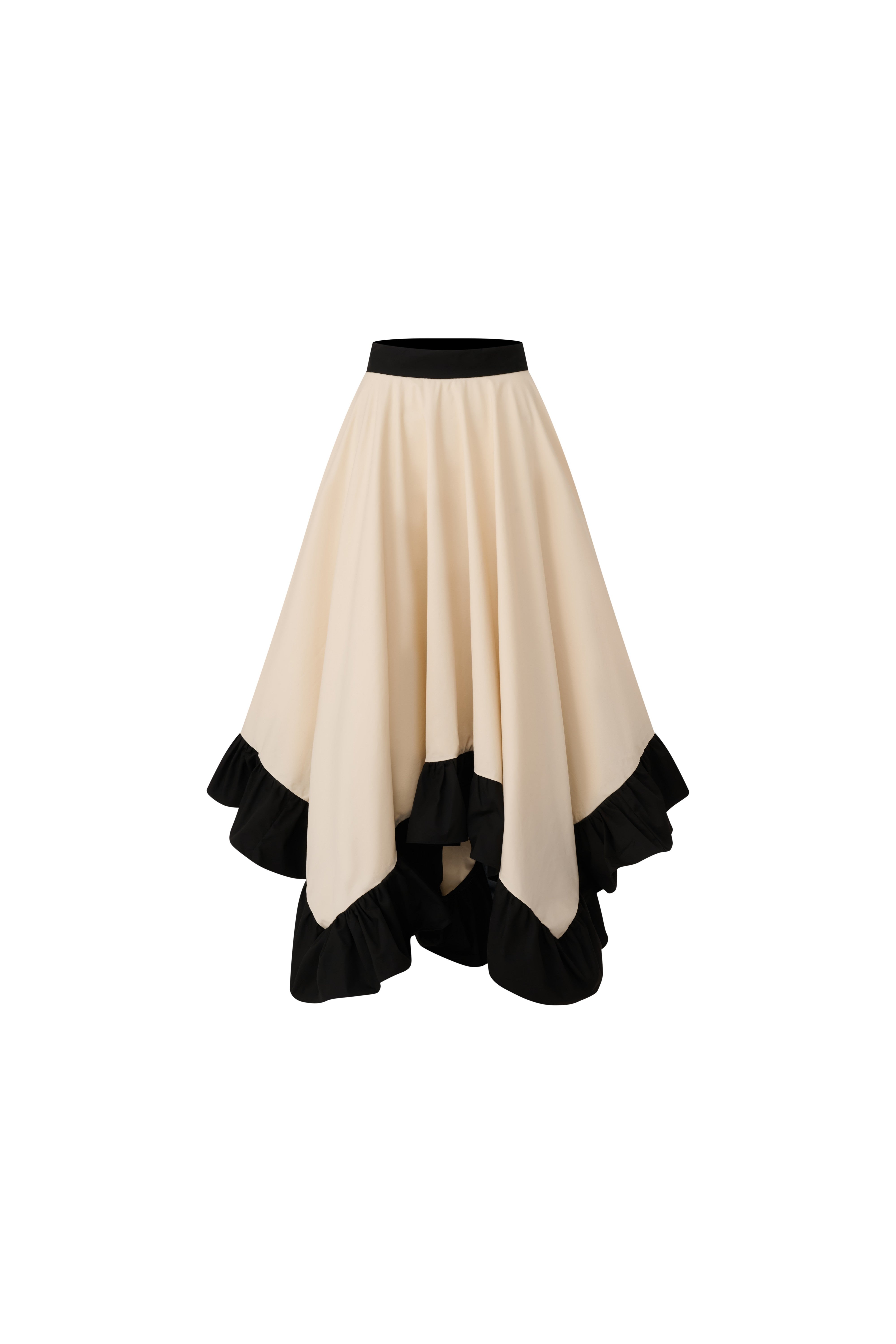 Front view of a cream midi skirt with black waistband and ruffled handkerchief hem.