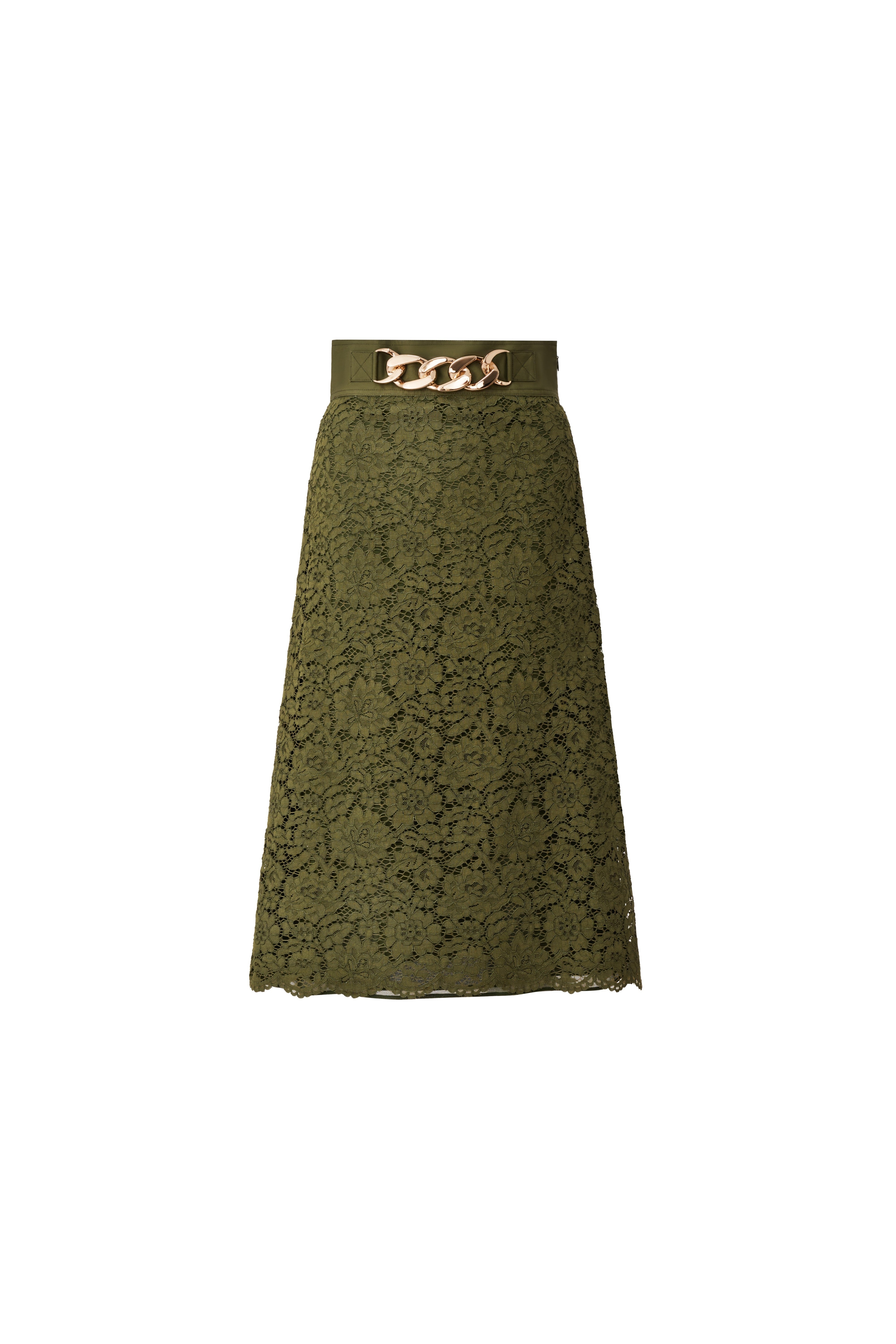 Edward Achour olive green lace midi skirt with a gold chain belt detail.