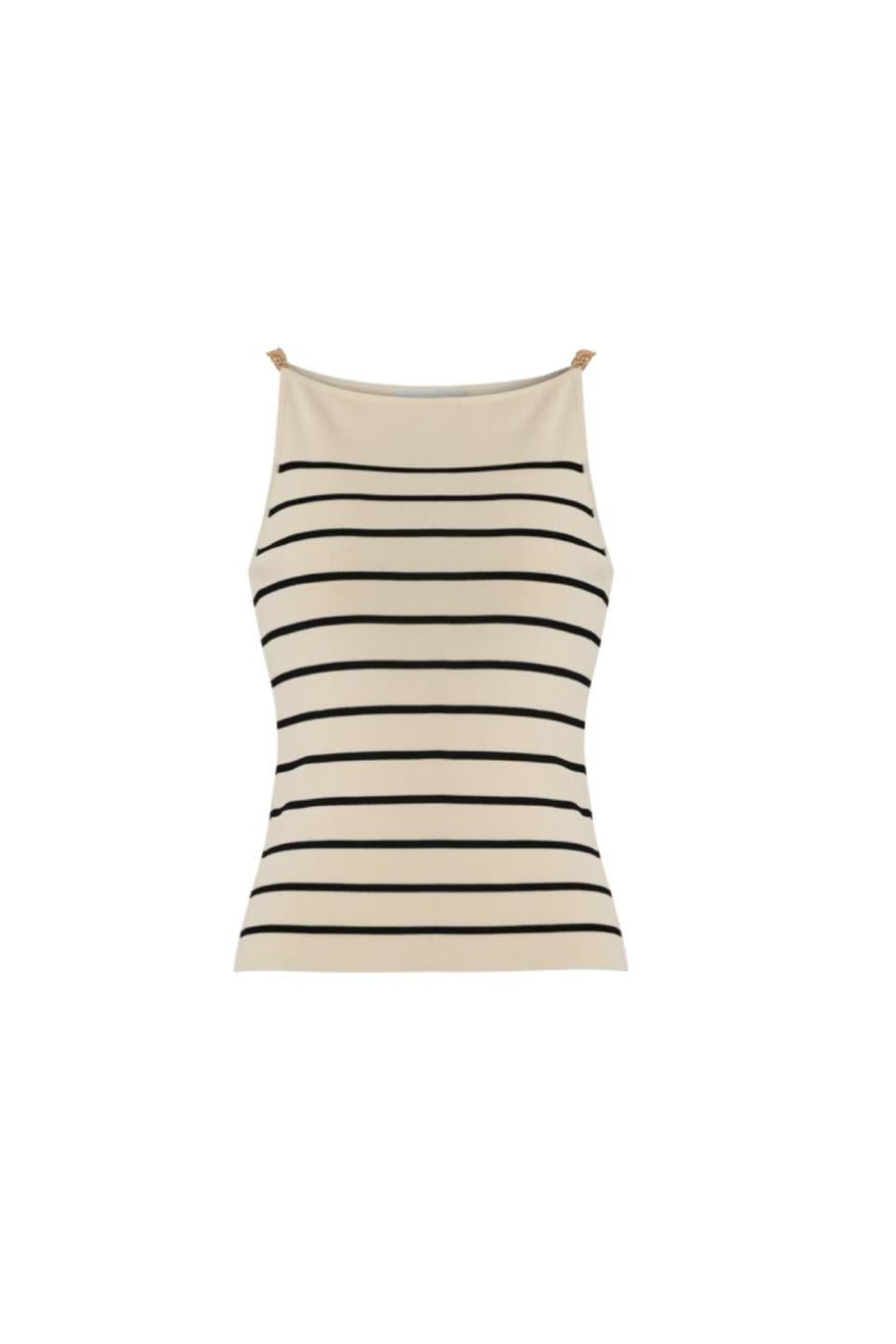 Front view of a beige and black striped knit tank top with gold chain straps by Edward Achour.