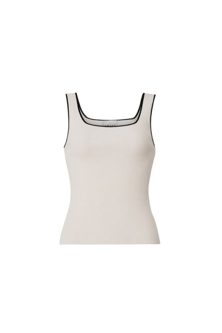 Front view of cream ribbed knit tank top with black trim Edward Achour.