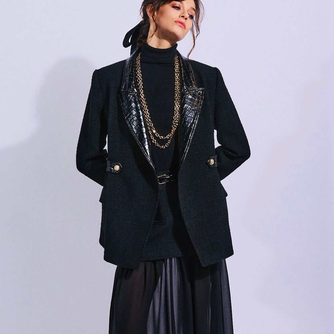 Double-Breasted Tweed Blazer with Satin Lapels